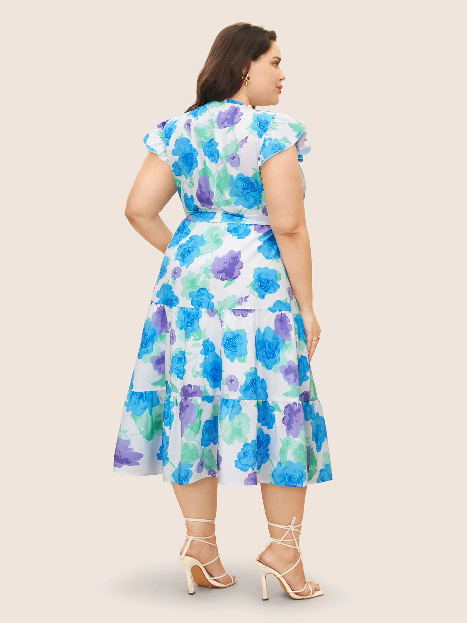 Floral Gathered Ruffle Cap Sleeve Belted Dress - Image 3