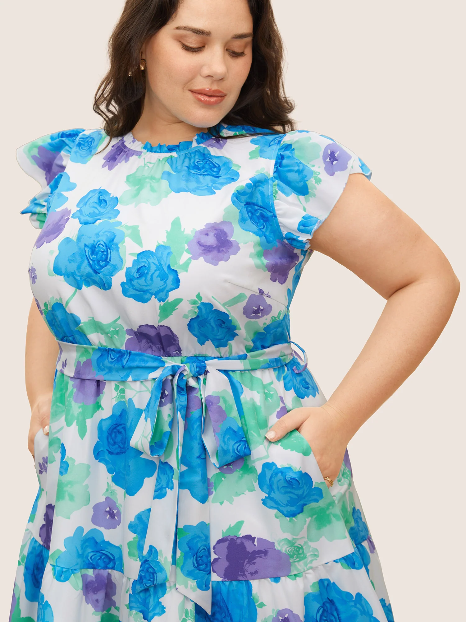 Floral Gathered Ruffle Cap Sleeve Belted Dress - Image 4