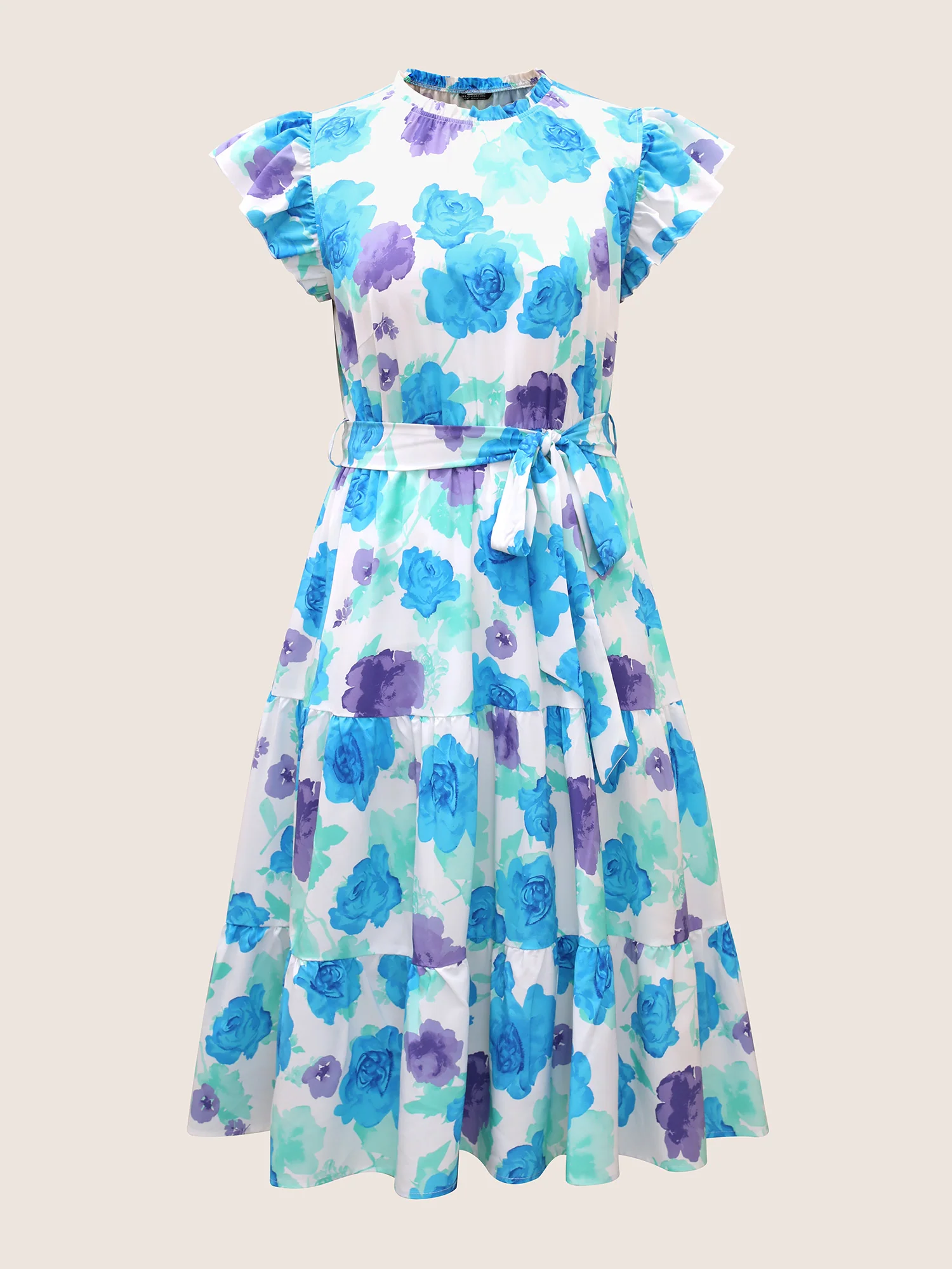 Floral Gathered Ruffle Cap Sleeve Belted Dress - Image 7