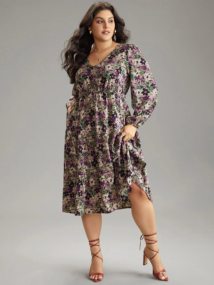 Floral Gathered Ruffle Layered Hem Dress - Image 3