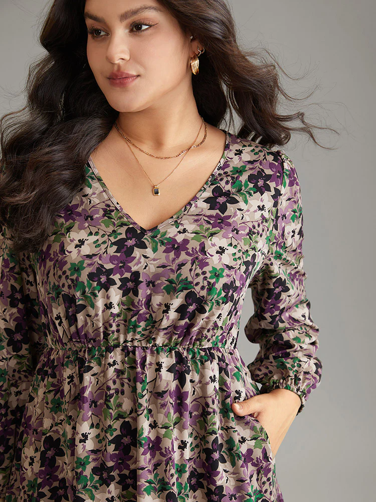 Floral Gathered Ruffle Layered Hem Dress - Image 4