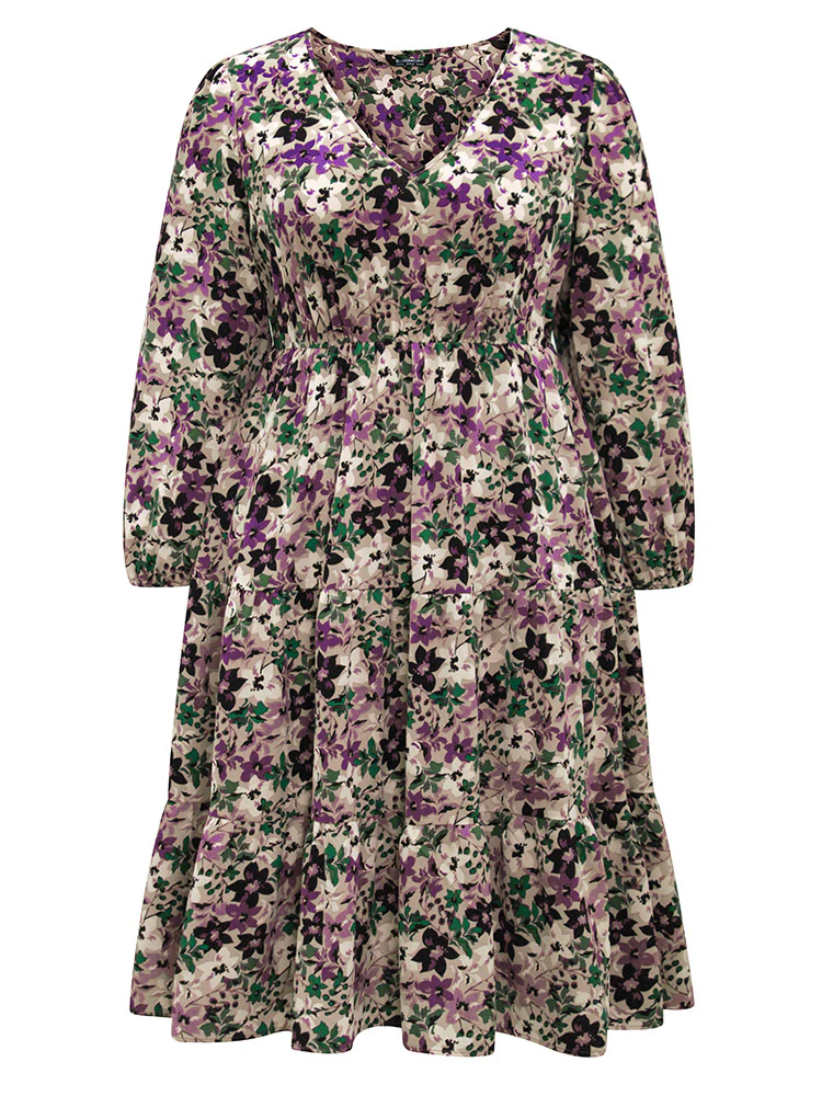 Floral Gathered Ruffle Layered Hem Dress - Image 5