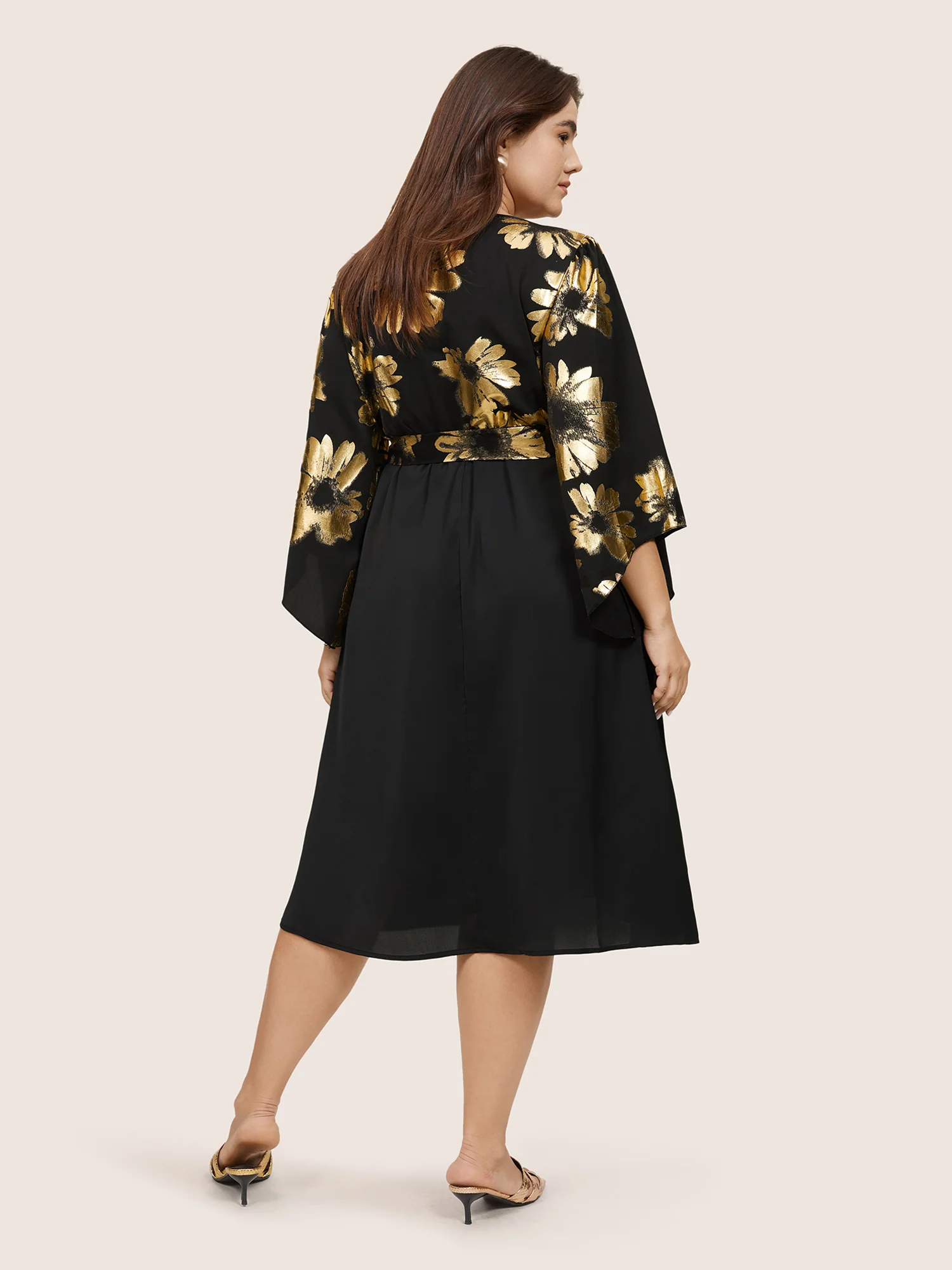 Floral Glitter Belted Keyhole Flutter Sleeve Dress - Image 2