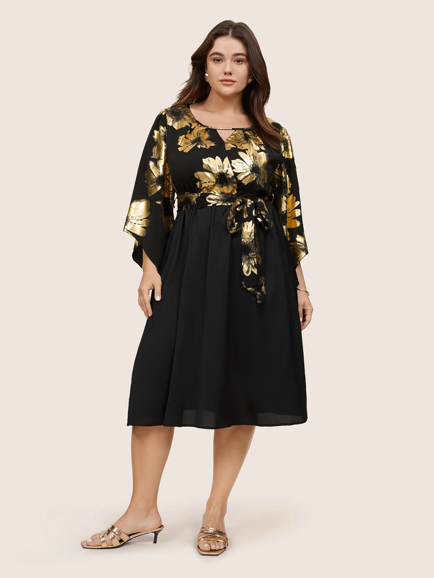 Floral Glitter Belted Keyhole Flutter Sleeve Dress - Image 4
