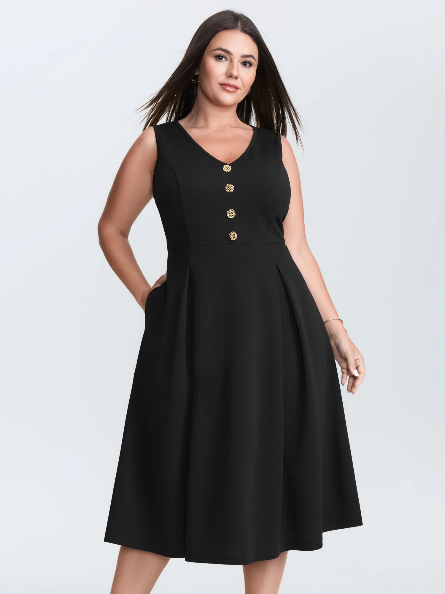Floral Gold Button Pleated Midi Dress - Image 3