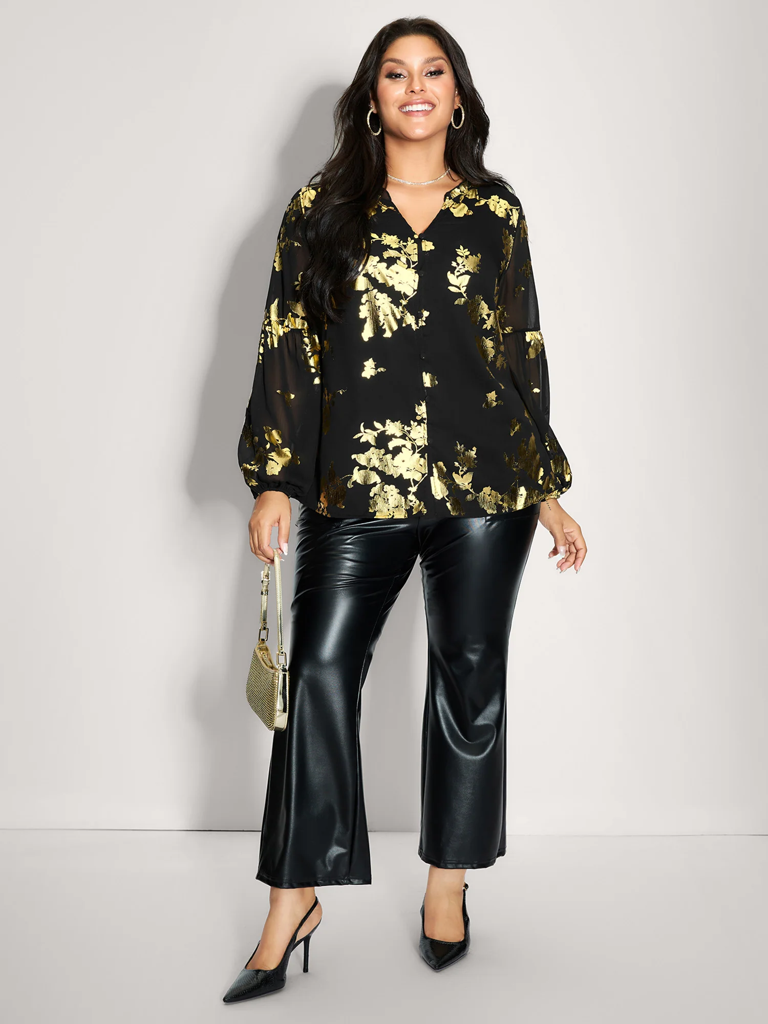 Floral Gold Stamp Sheer Button-Down Shirt - Image 3