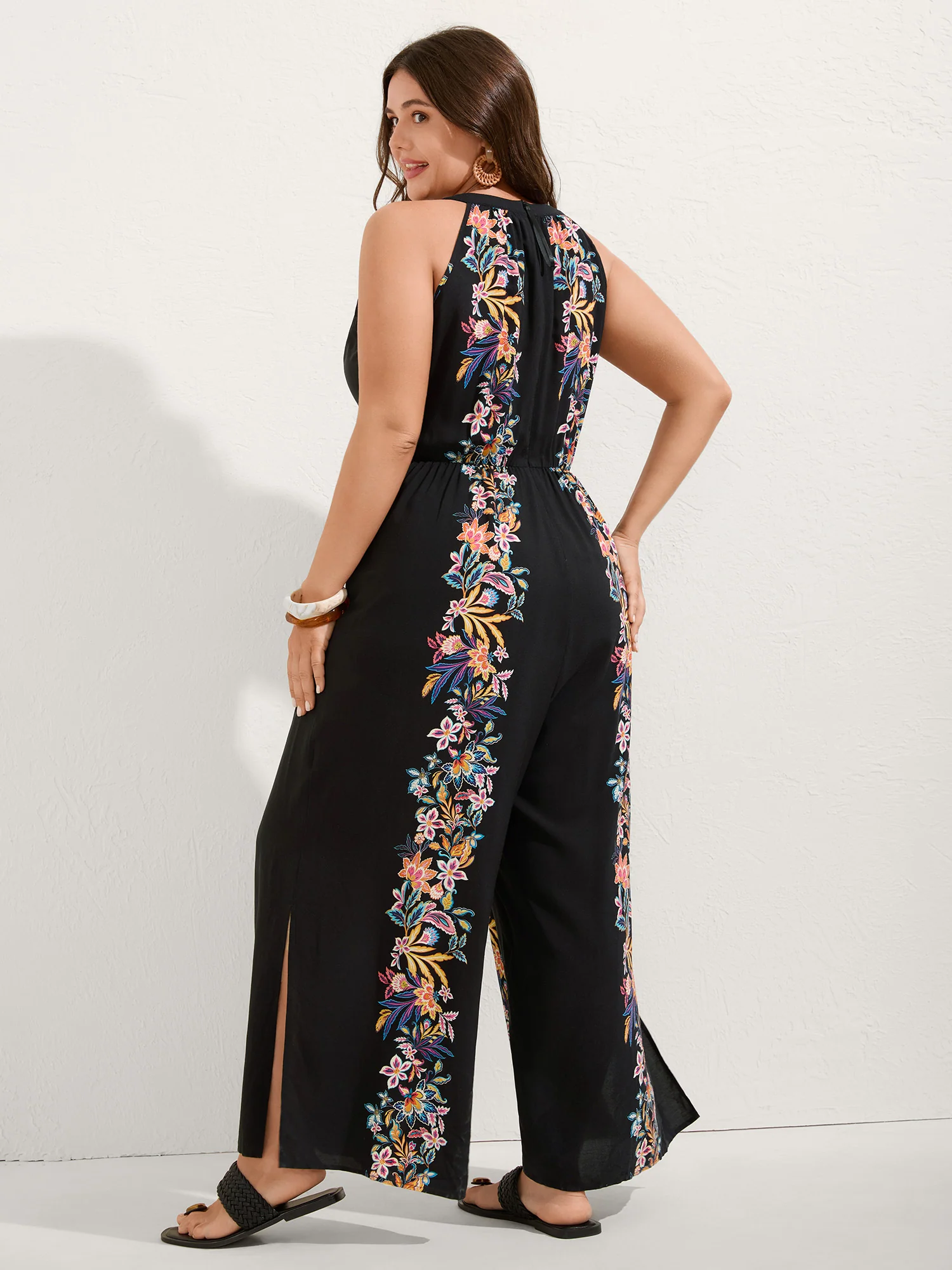Floral Halter Neck Slit Hem Jumpsuit - Image 4