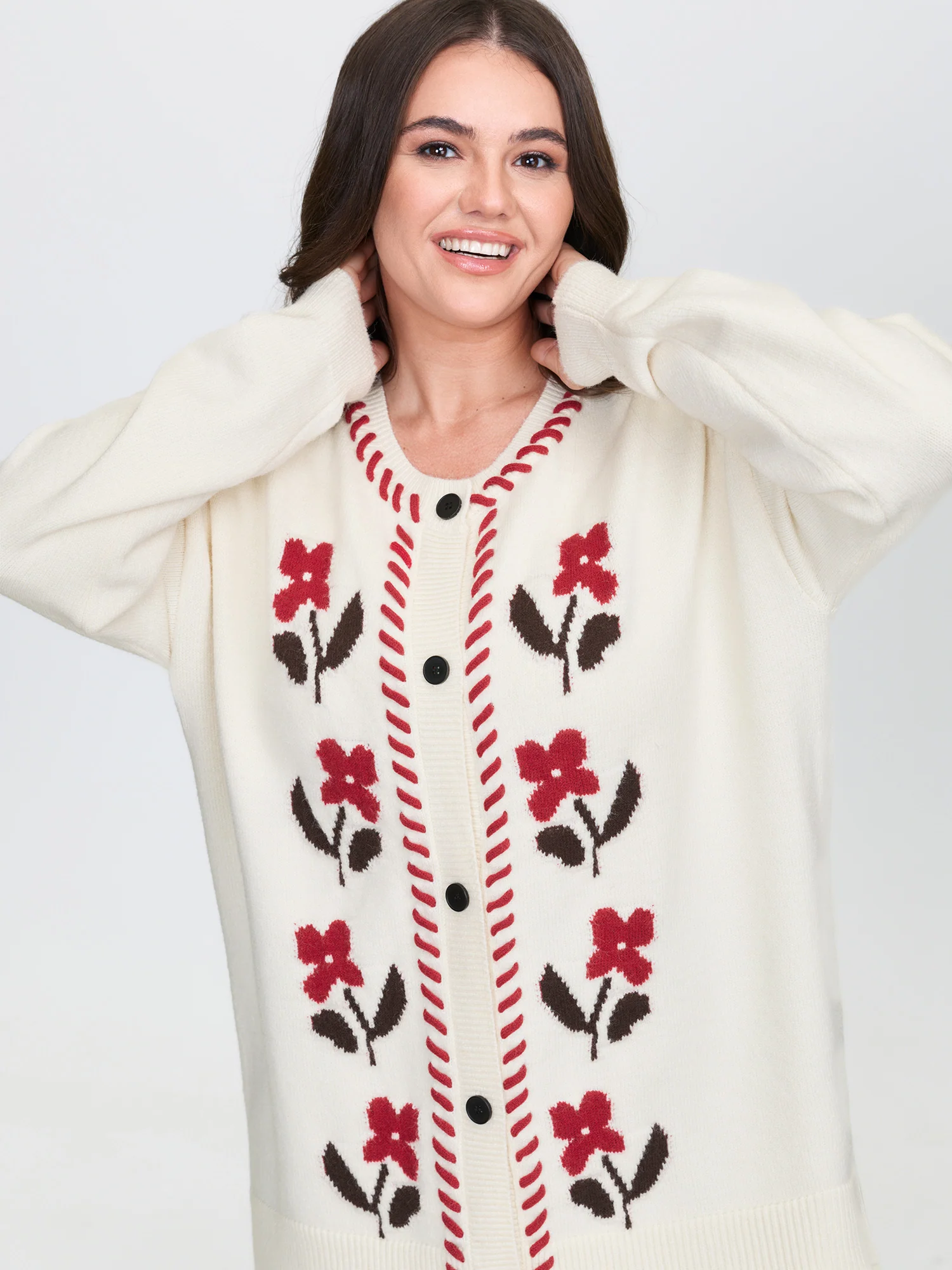 Floral Handmade Stitches Jacquard Knit Cardigan - Image 2