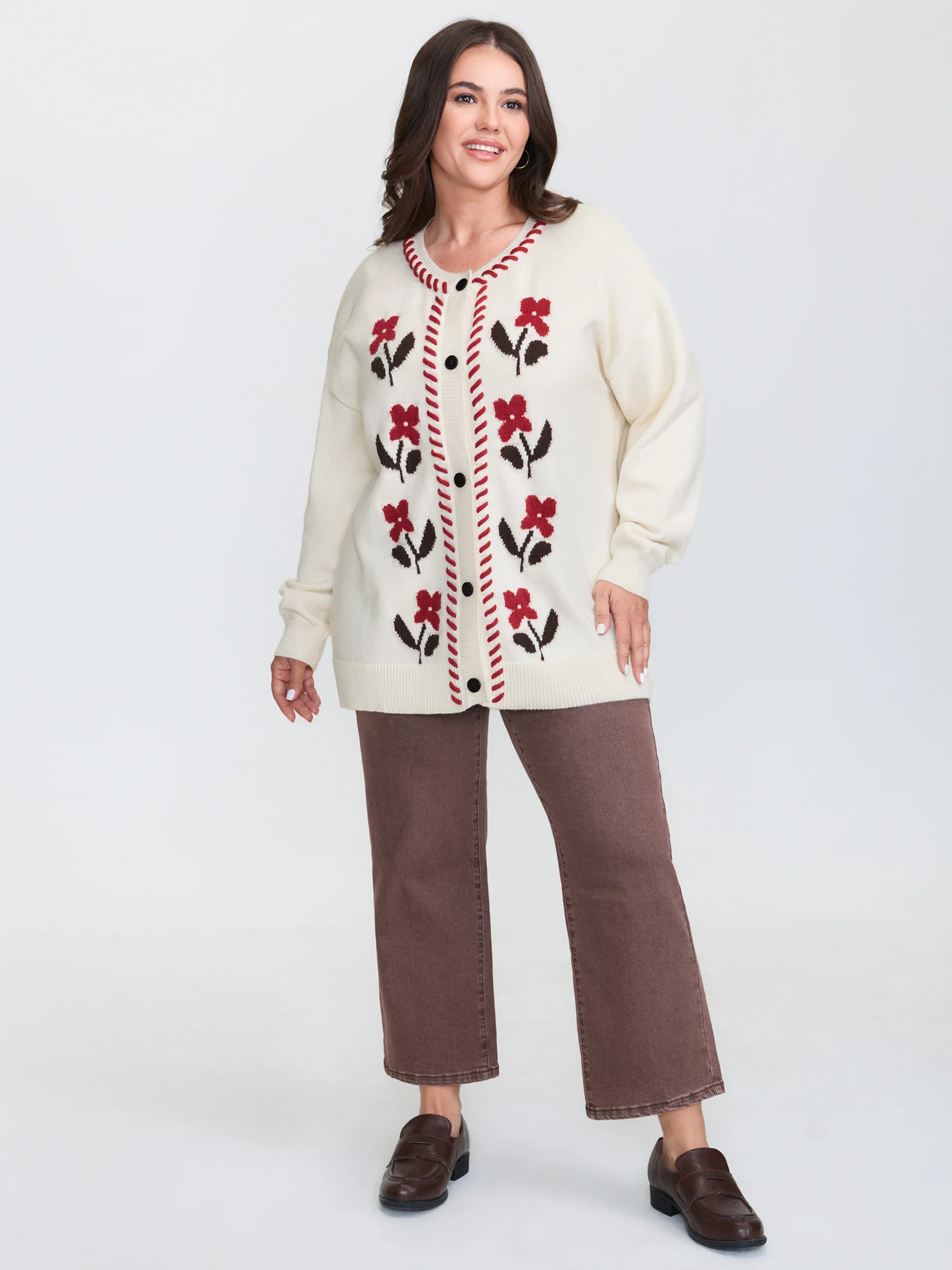 Floral Handmade Stitches Jacquard Knit Cardigan - Image 3