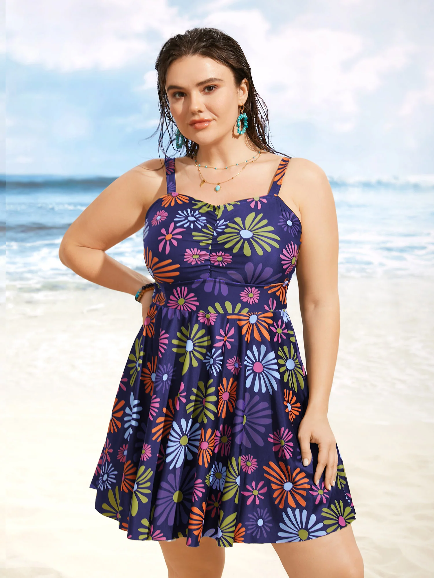 Floral Heart Neckline Ruched Swim Dress - Image 5