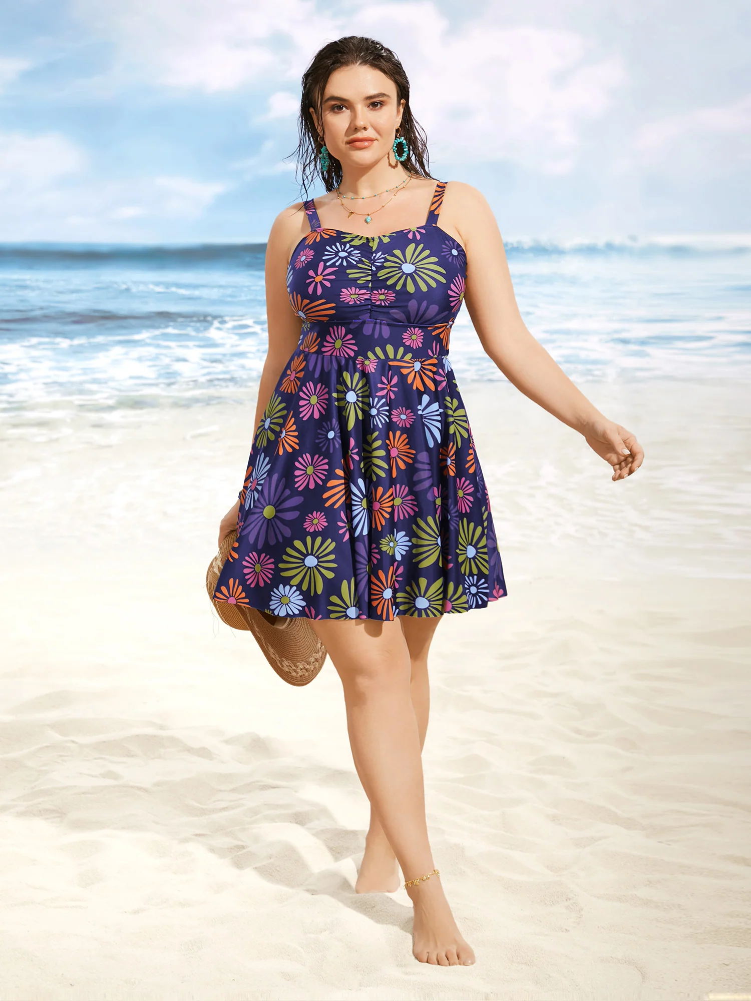 Floral Heart Neckline Ruched Swim Dress - Image 7