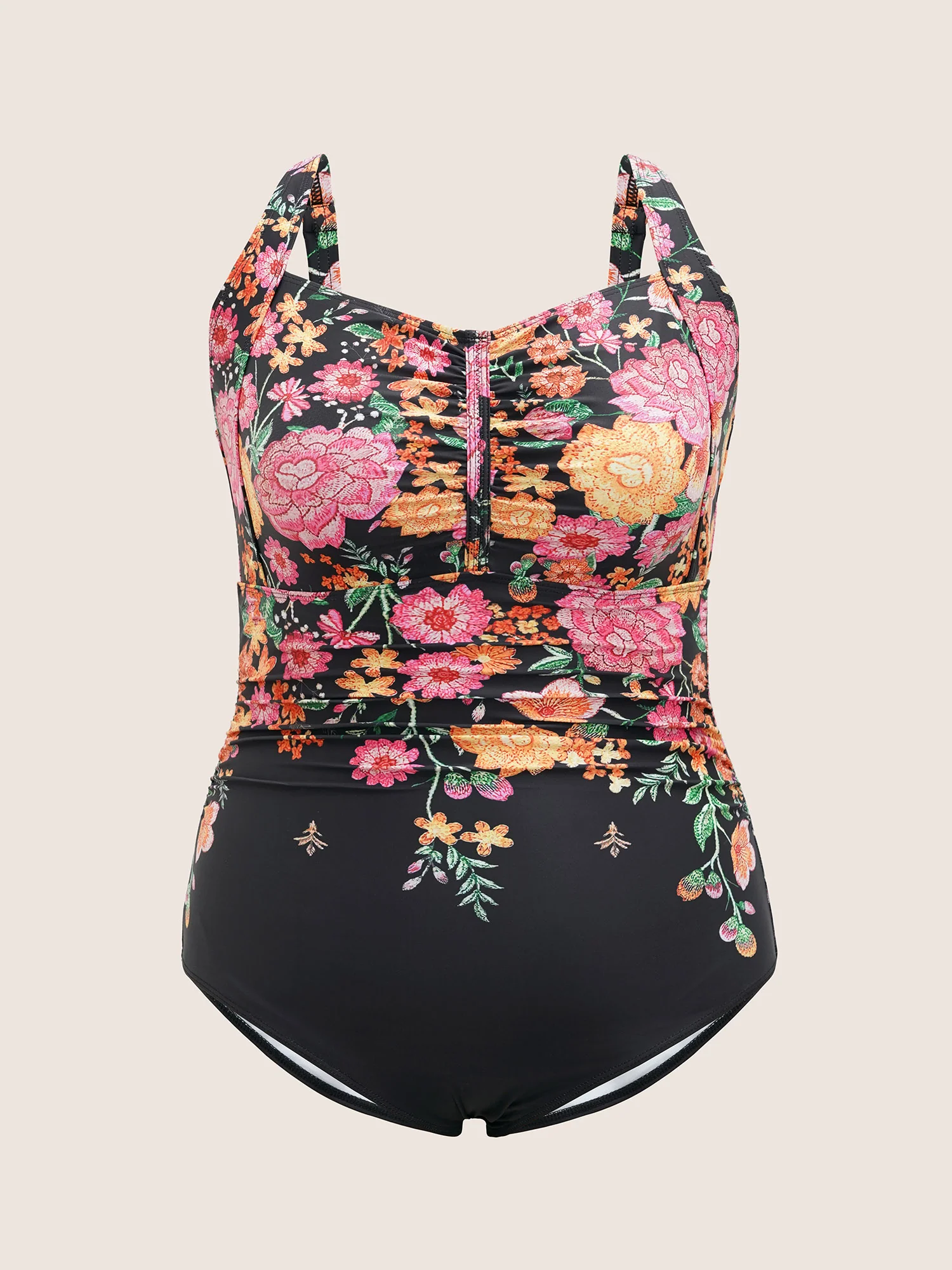 Floral Heart Neckline Tucked Seam Ruched One Piece Swimsuit - Image 7