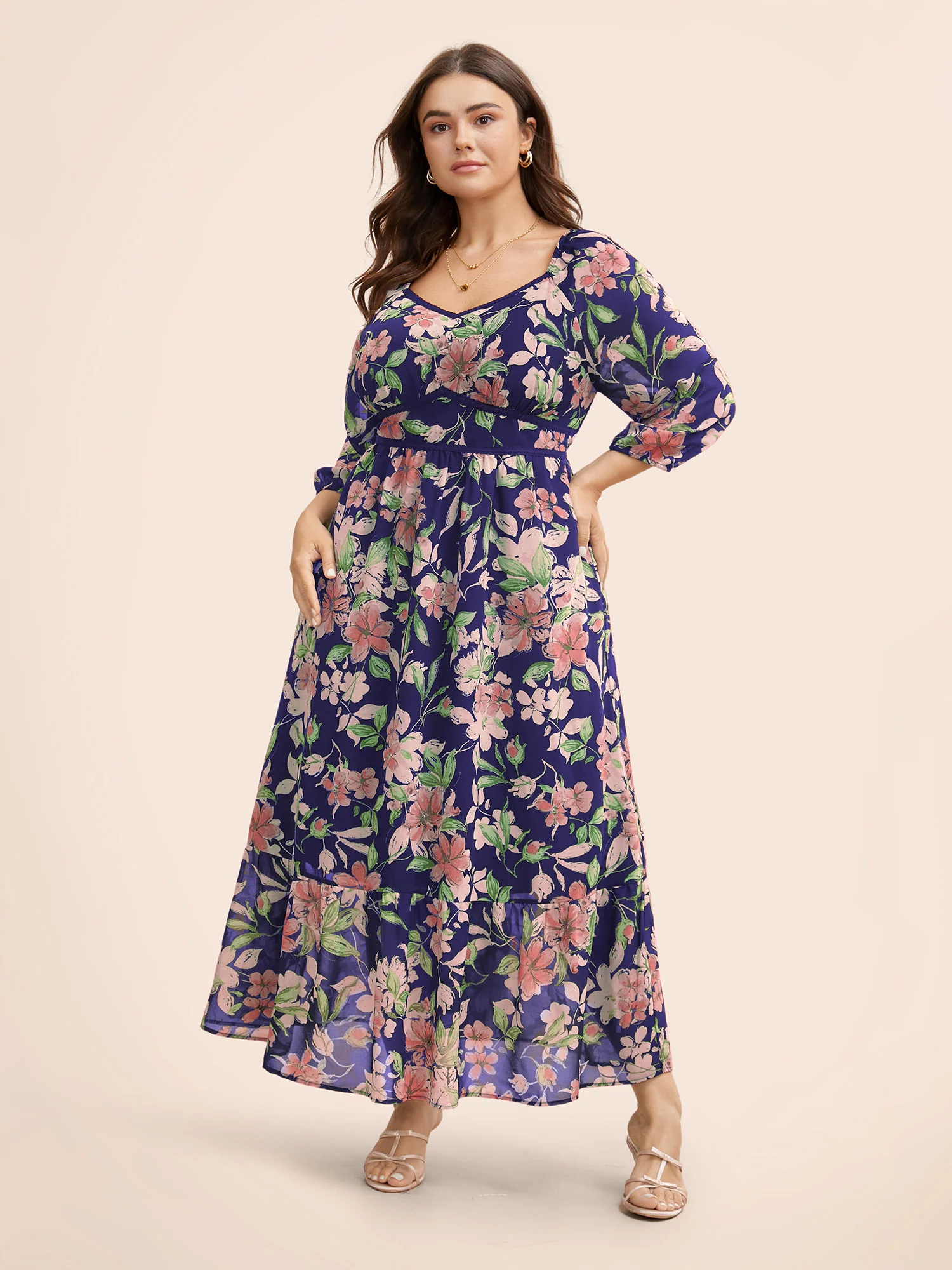 Floral Heart Neckline Woven Ribbon Gathered Dress - Image 10