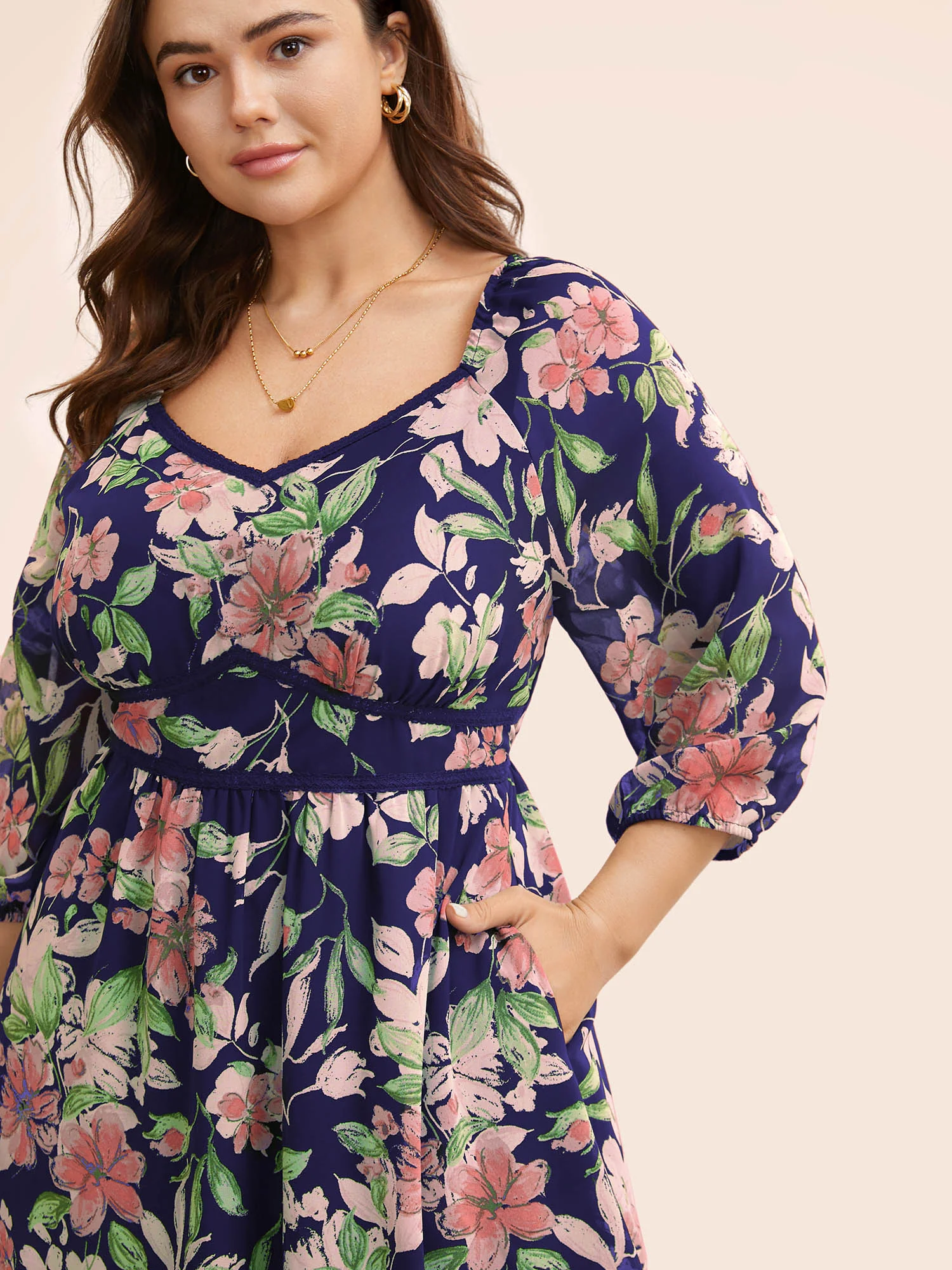 Floral Heart Neckline Woven Ribbon Gathered Dress - Image 12