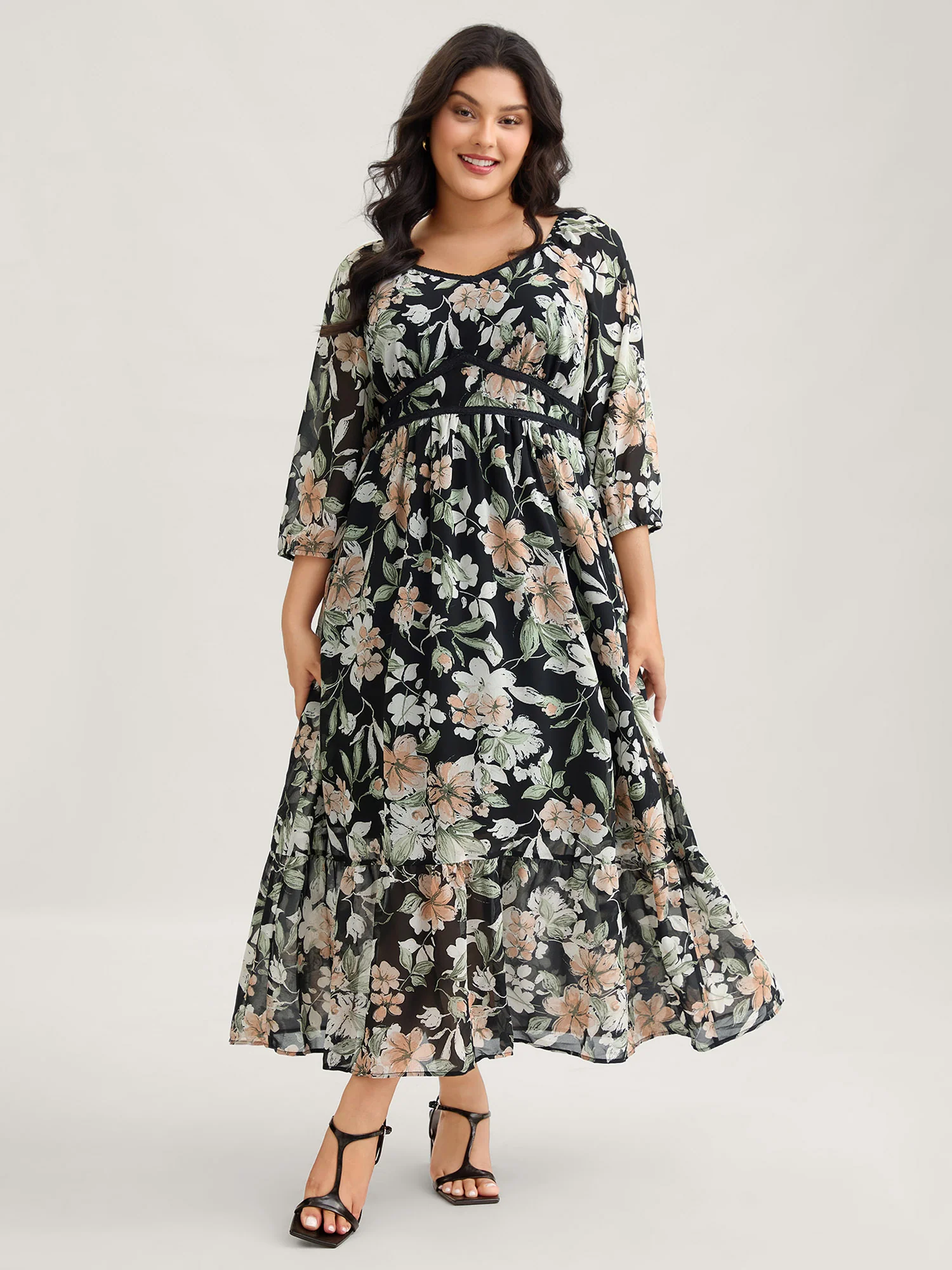 Floral Heart Neckline Woven Ribbon Gathered Dress - Image 3