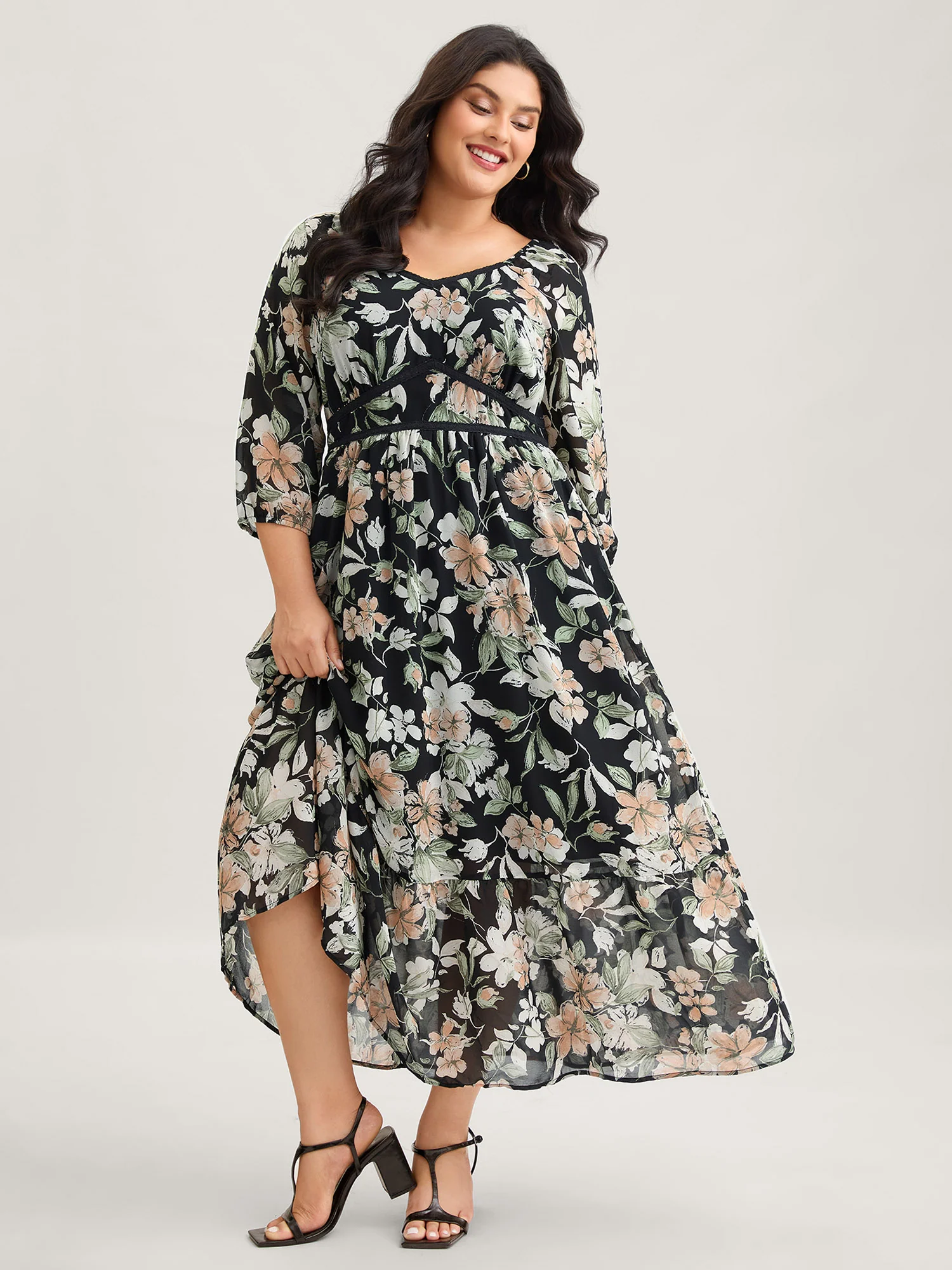 Floral Heart Neckline Woven Ribbon Gathered Dress - Image 5