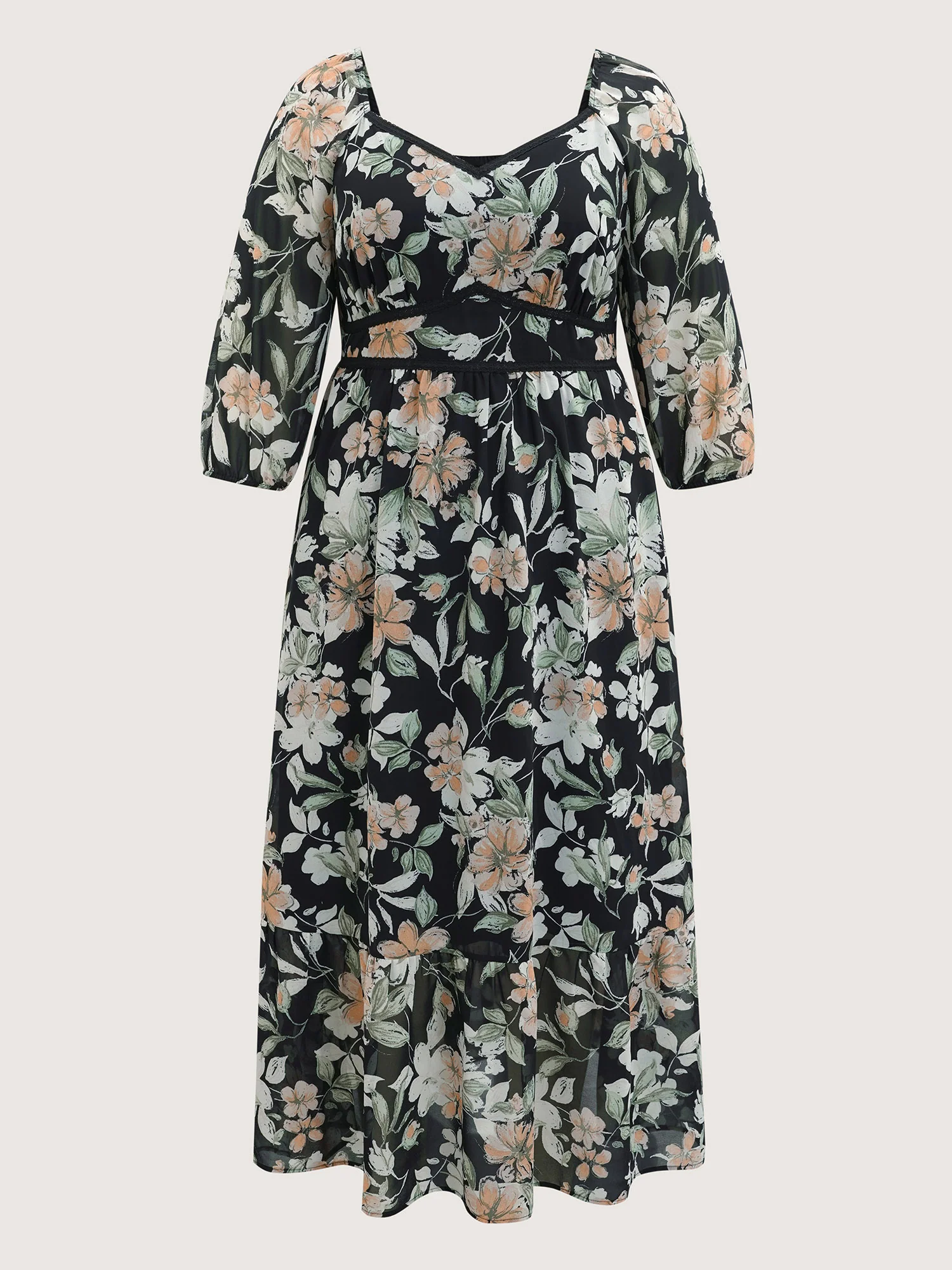 Floral Heart Neckline Woven Ribbon Gathered Dress - Image 6