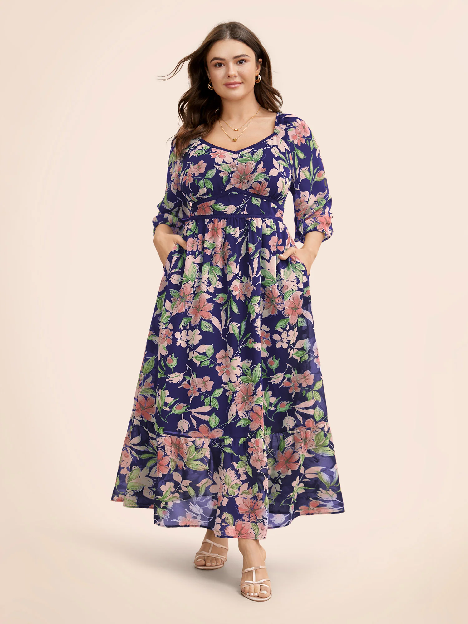 Floral Heart Neckline Woven Ribbon Gathered Dress - Image 9