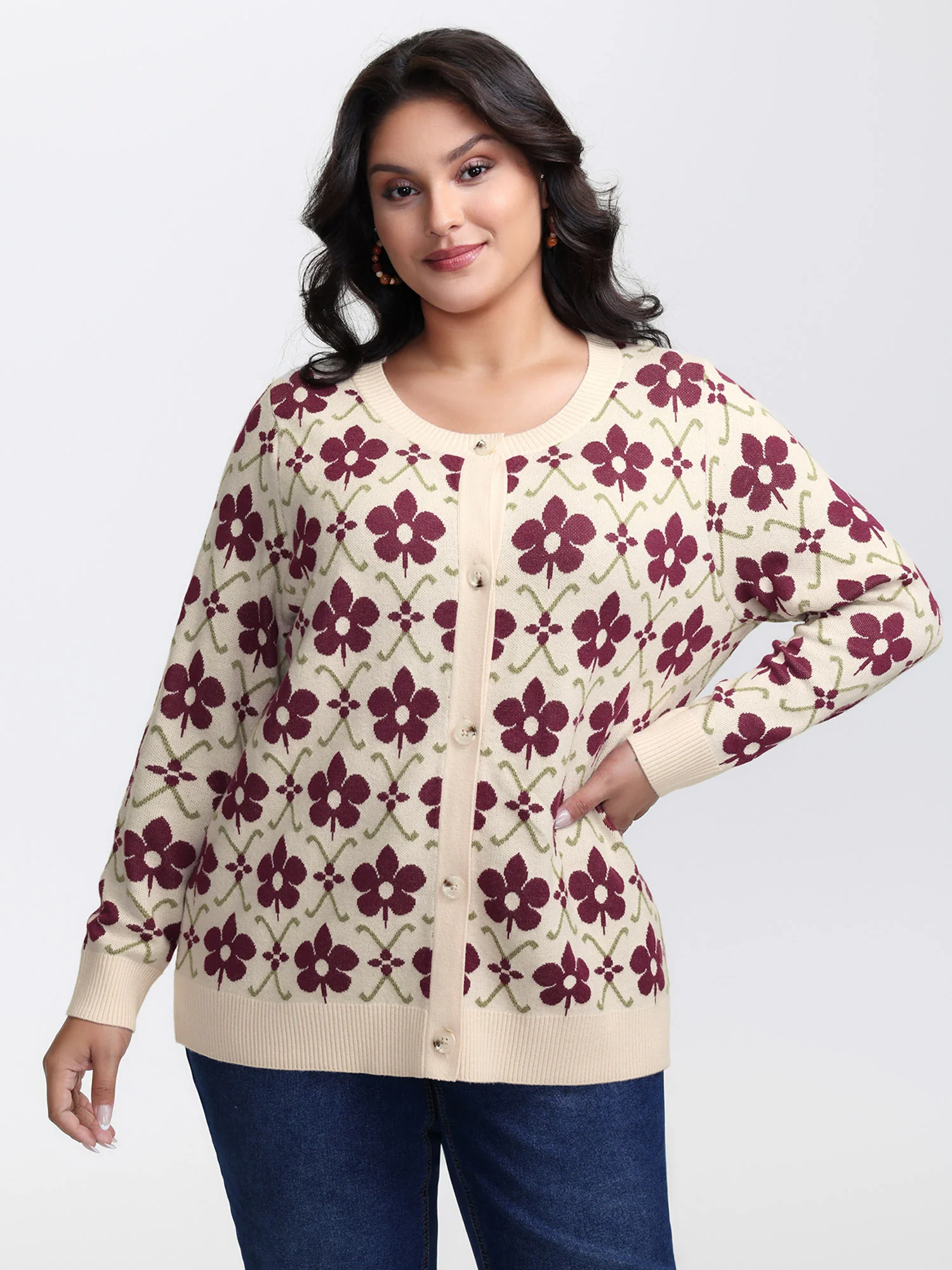 Floral Jacquard Button Knit Cardigan - Image 2