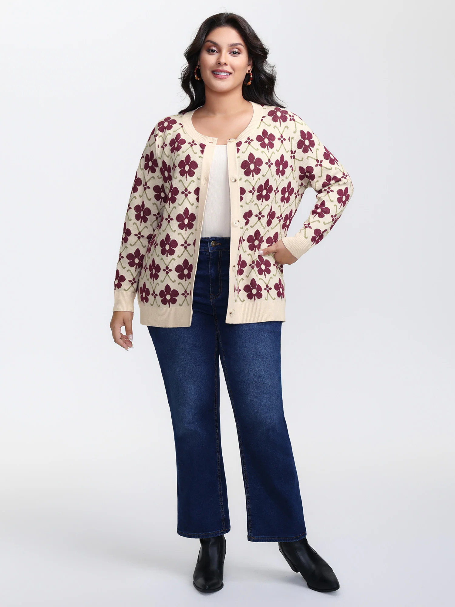 Floral Jacquard Button Knit Cardigan - Image 3