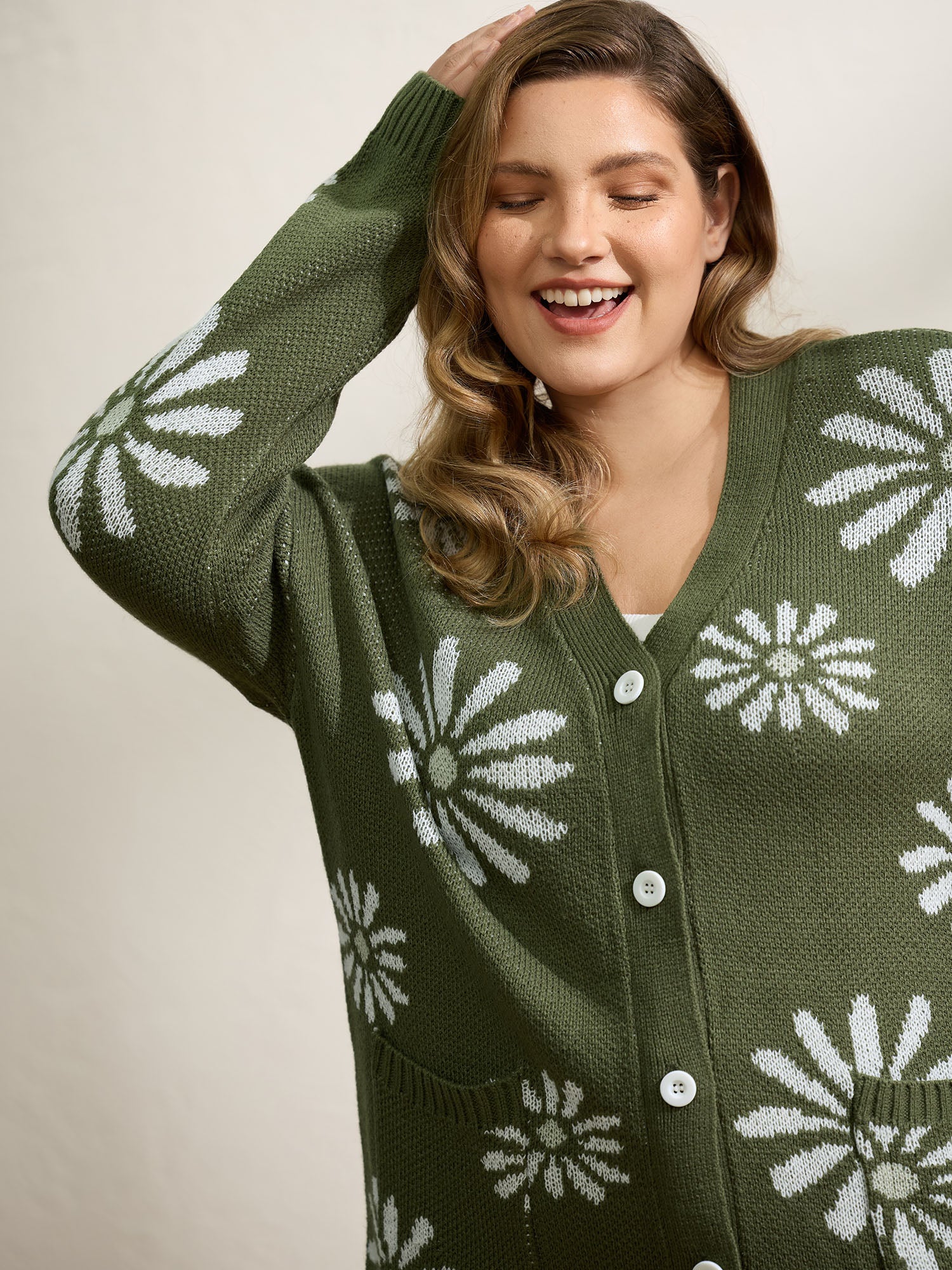 Floral Jacquard Button Pockets Knit Cardigan - Image 2