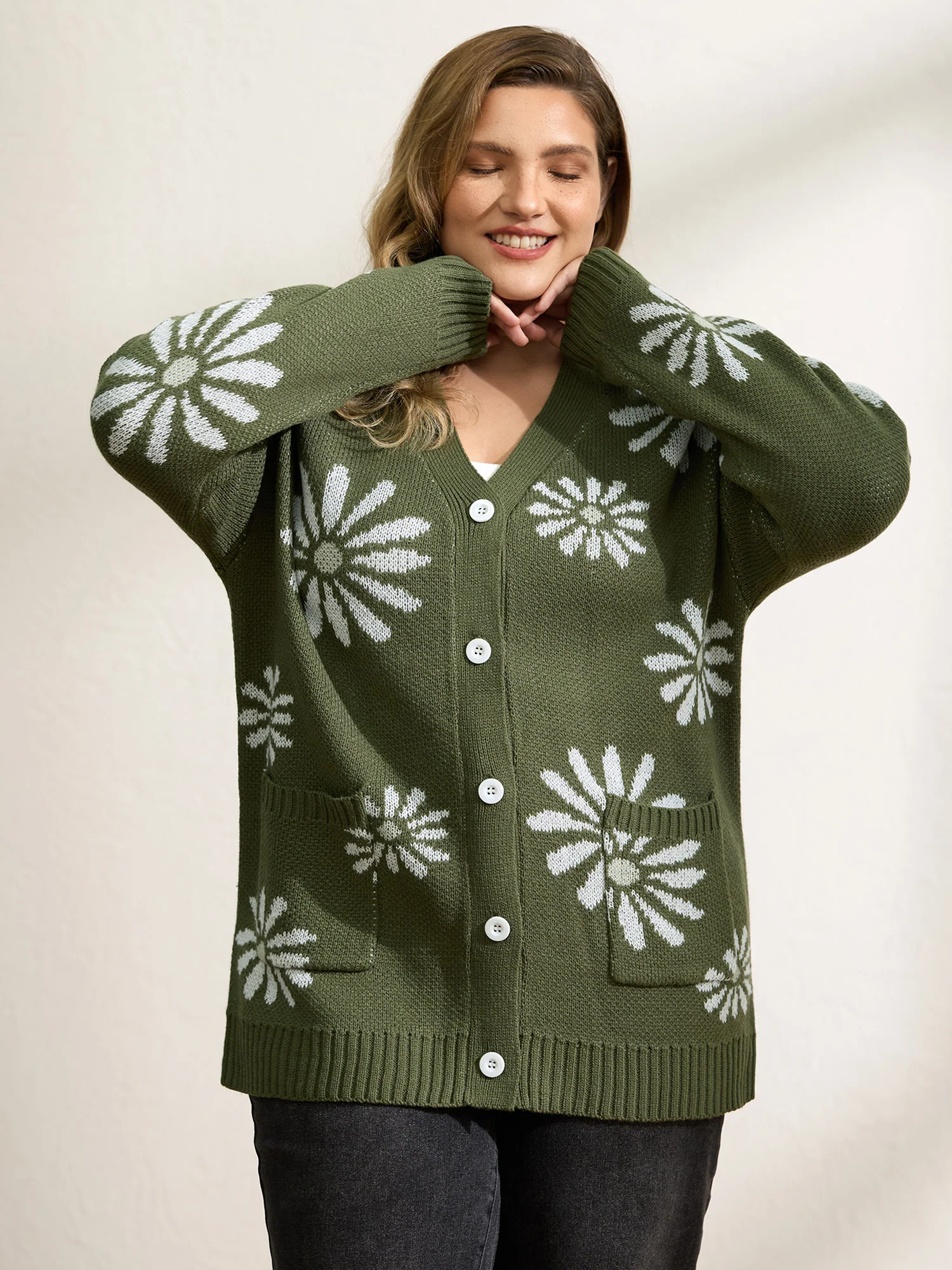 Floral Jacquard Button Pockets Knit Cardigan - Image 3