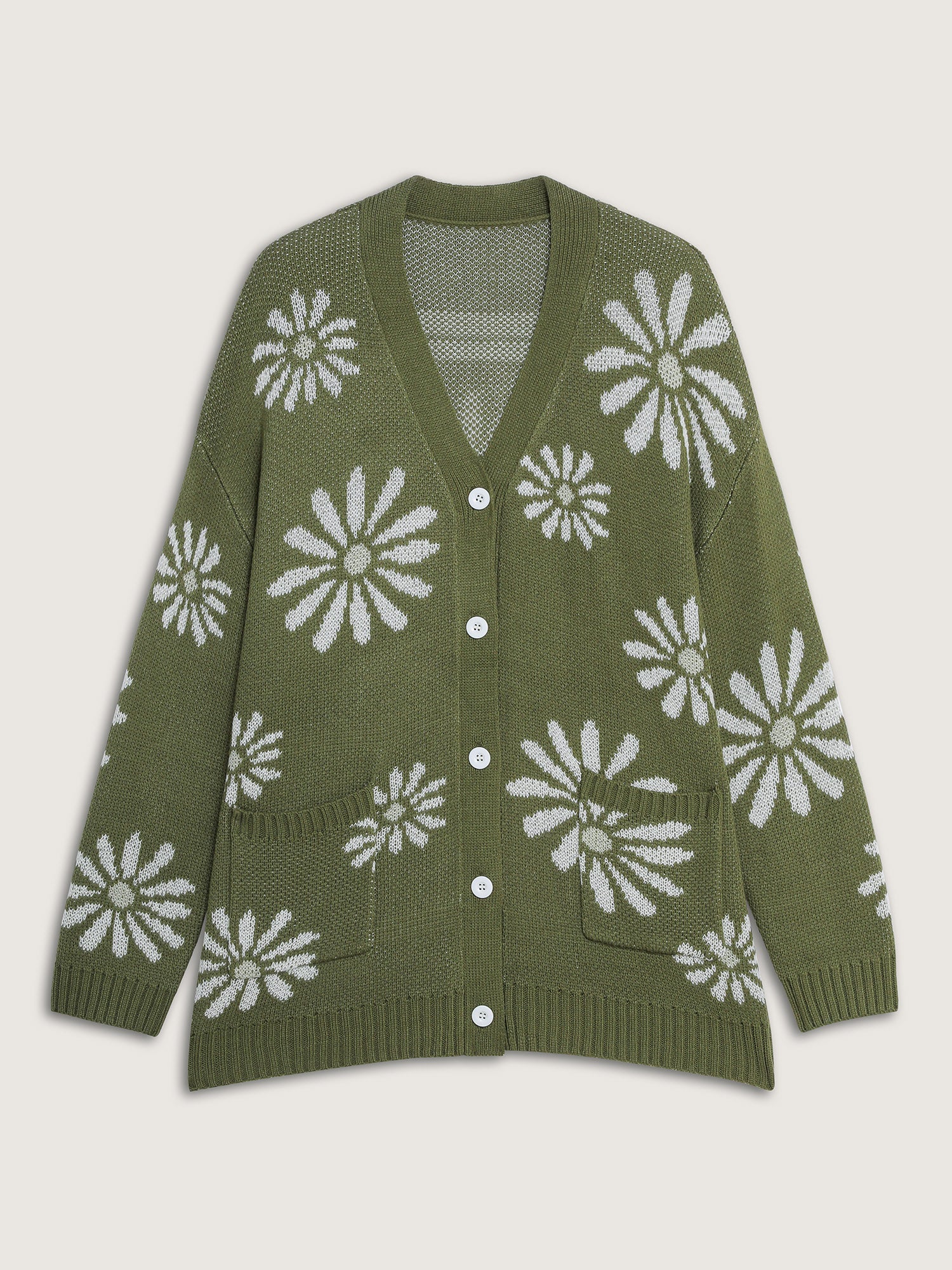 Floral Jacquard Button Pockets Knit Cardigan - Image 9