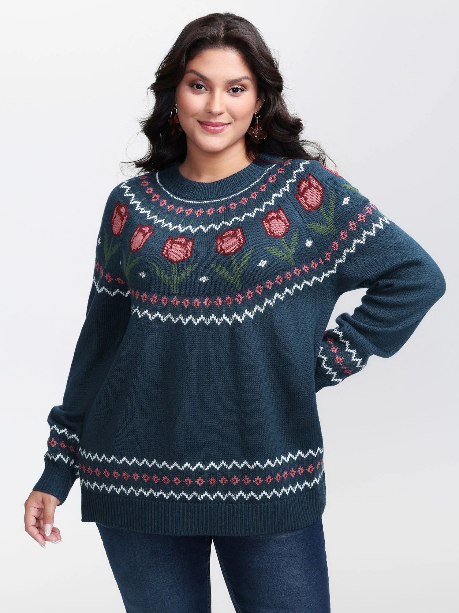 Floral Jacquard Color Contrast Pullover - Image 2
