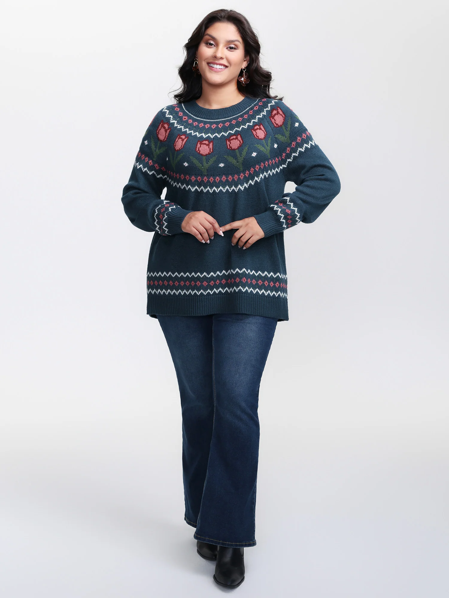 Floral Jacquard Color Contrast Pullover - Image 3