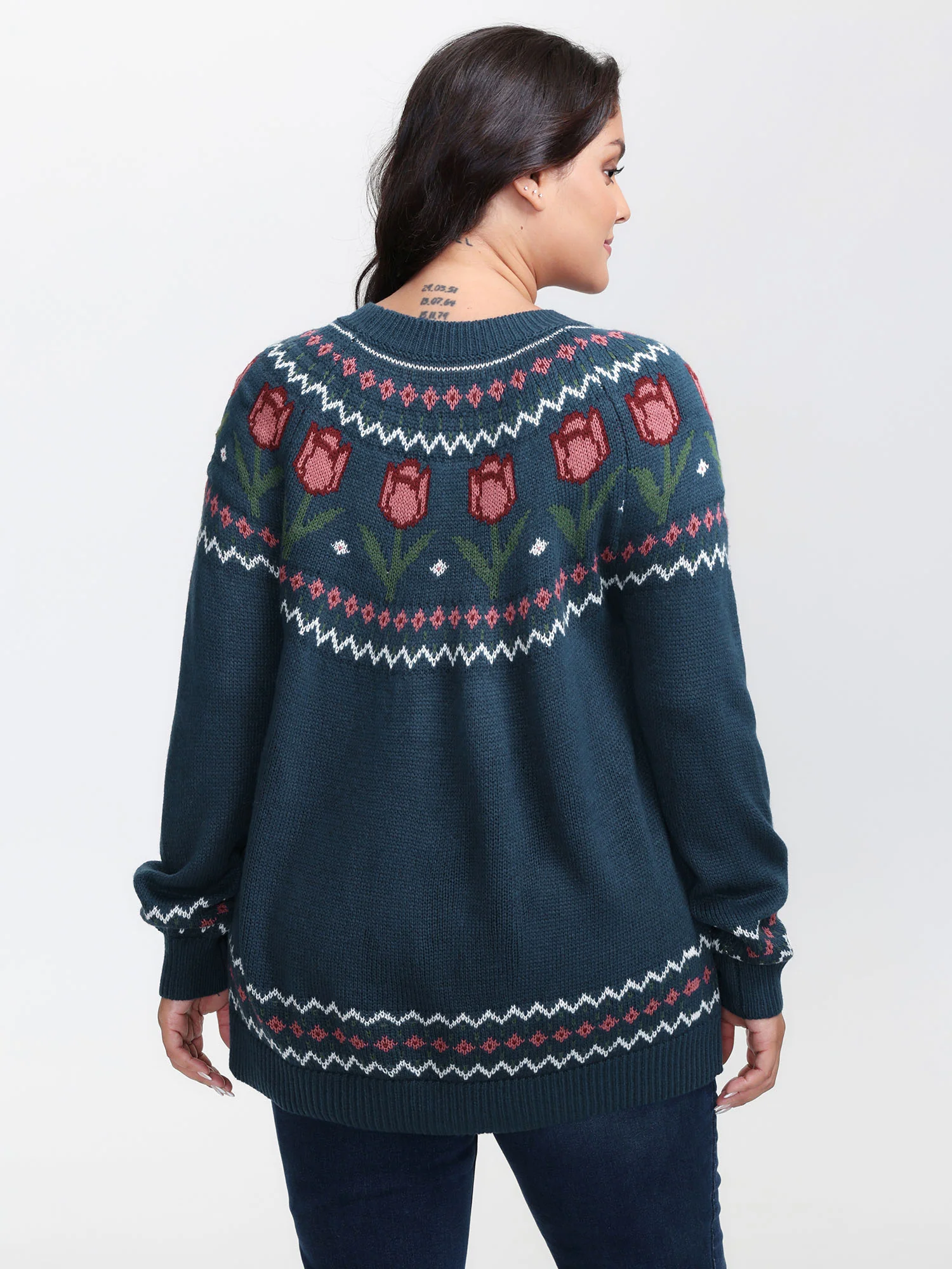 Floral Jacquard Color Contrast Pullover - Image 4