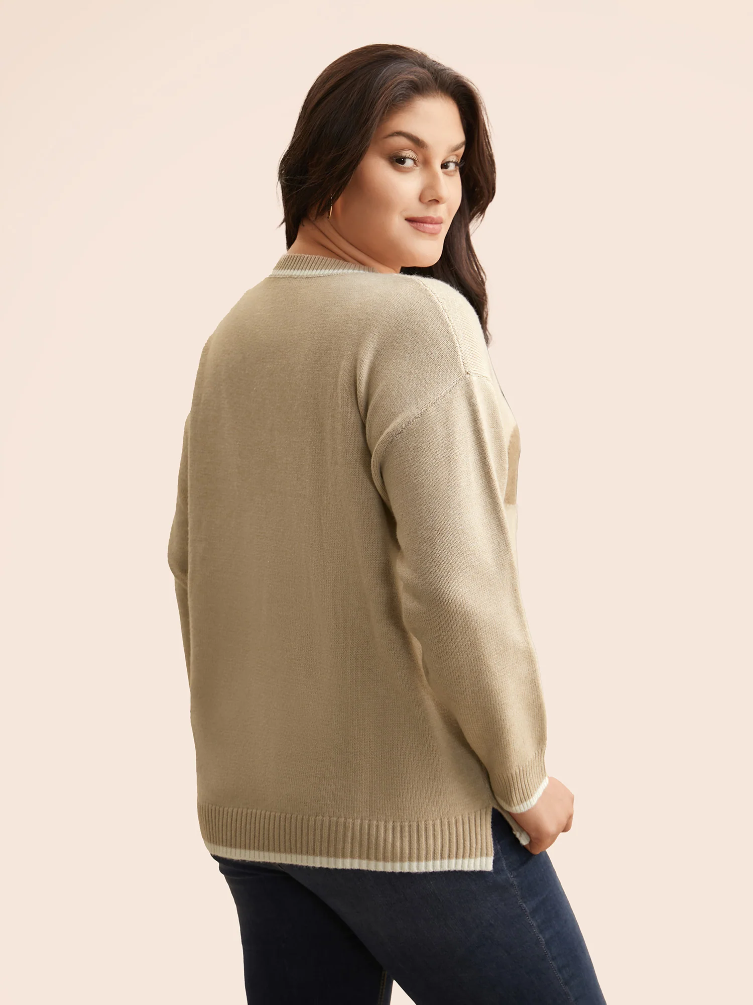 Floral Jacquard Contrast Trim Slit Hem Pullover - Image 2