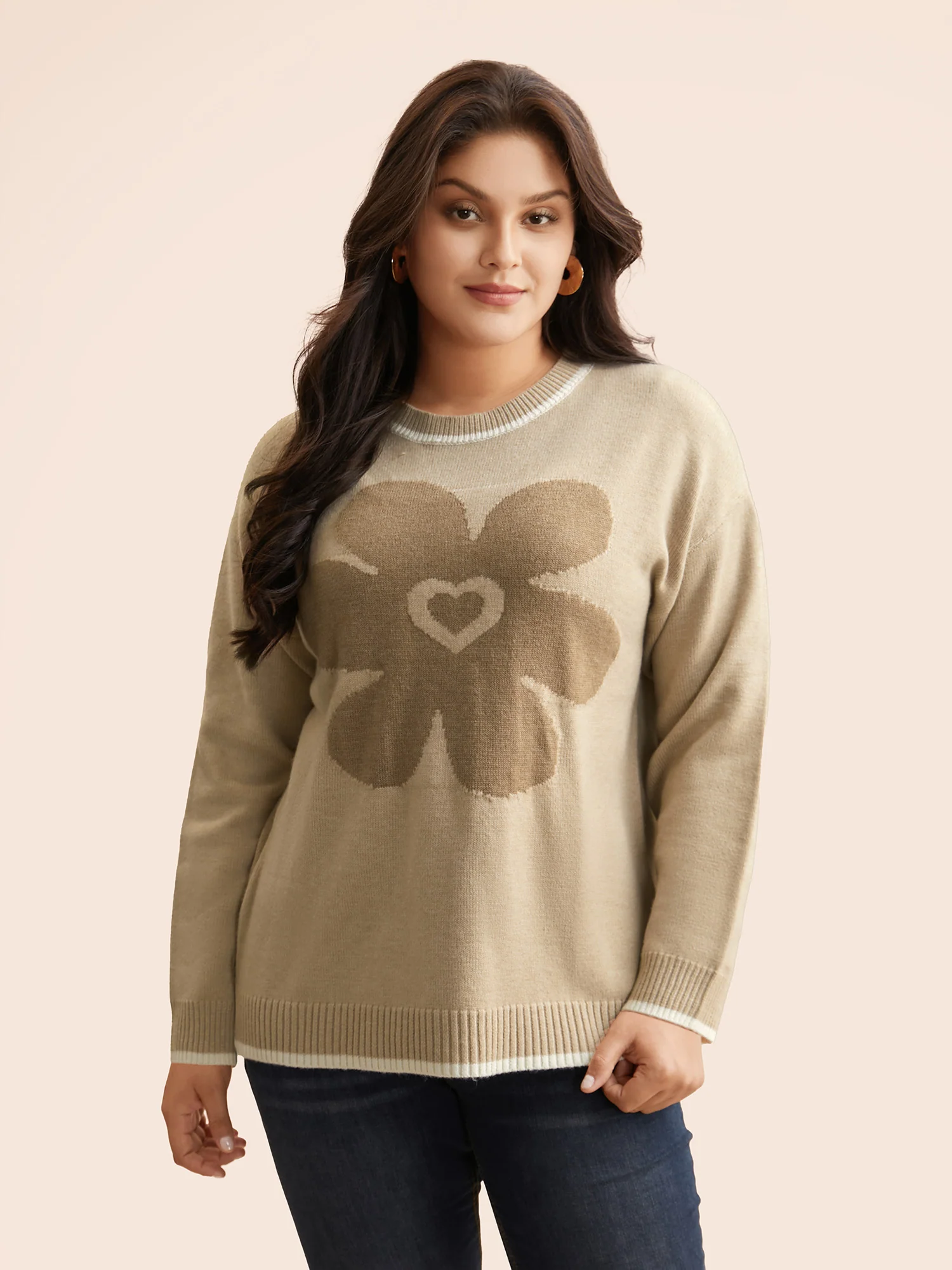 Floral Jacquard Contrast Trim Slit Hem Pullover - Image 3