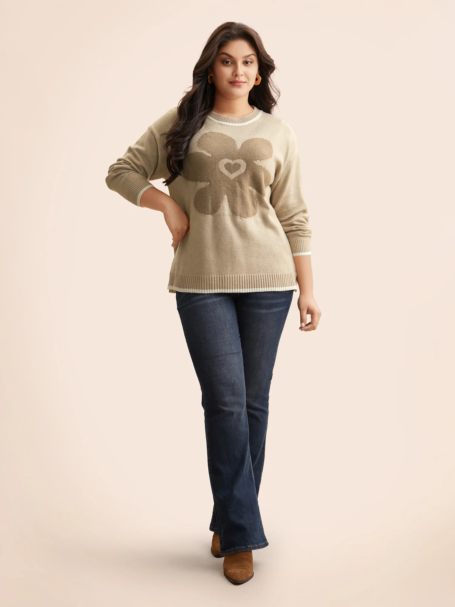 Floral Jacquard Contrast Trim Slit Hem Pullover - Image 4