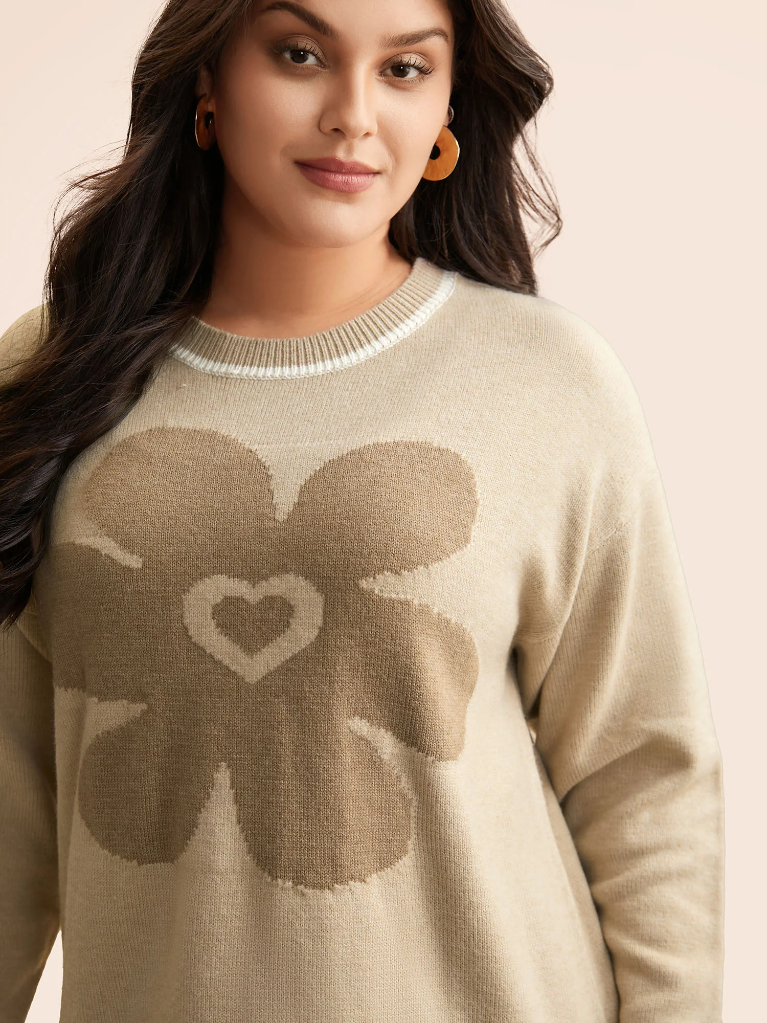 Floral Jacquard Contrast Trim Slit Hem Pullover - Image 5