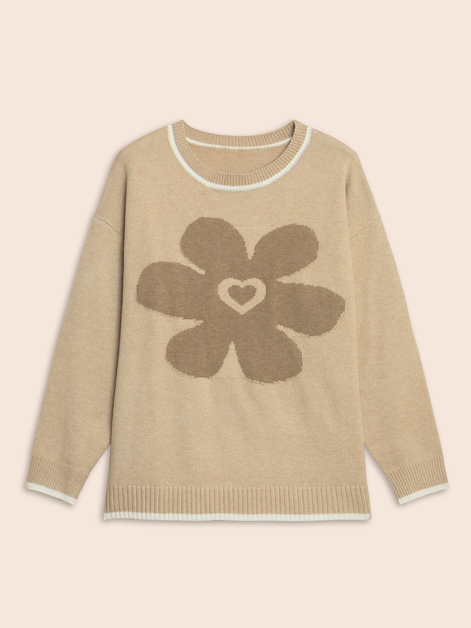 Floral Jacquard Contrast Trim Slit Hem Pullover - Image 8