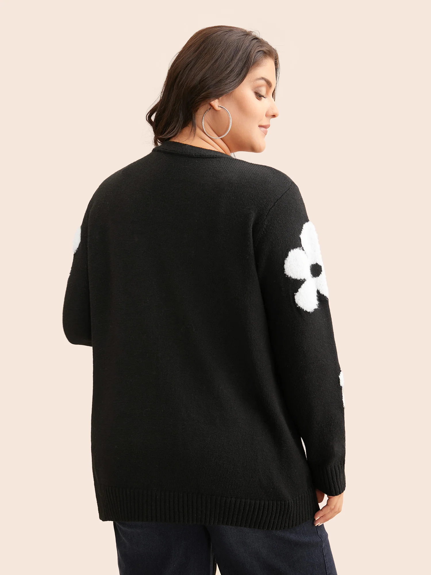 Floral Jacquard Drop Shoulder Sleeve Cardigan - Image 2