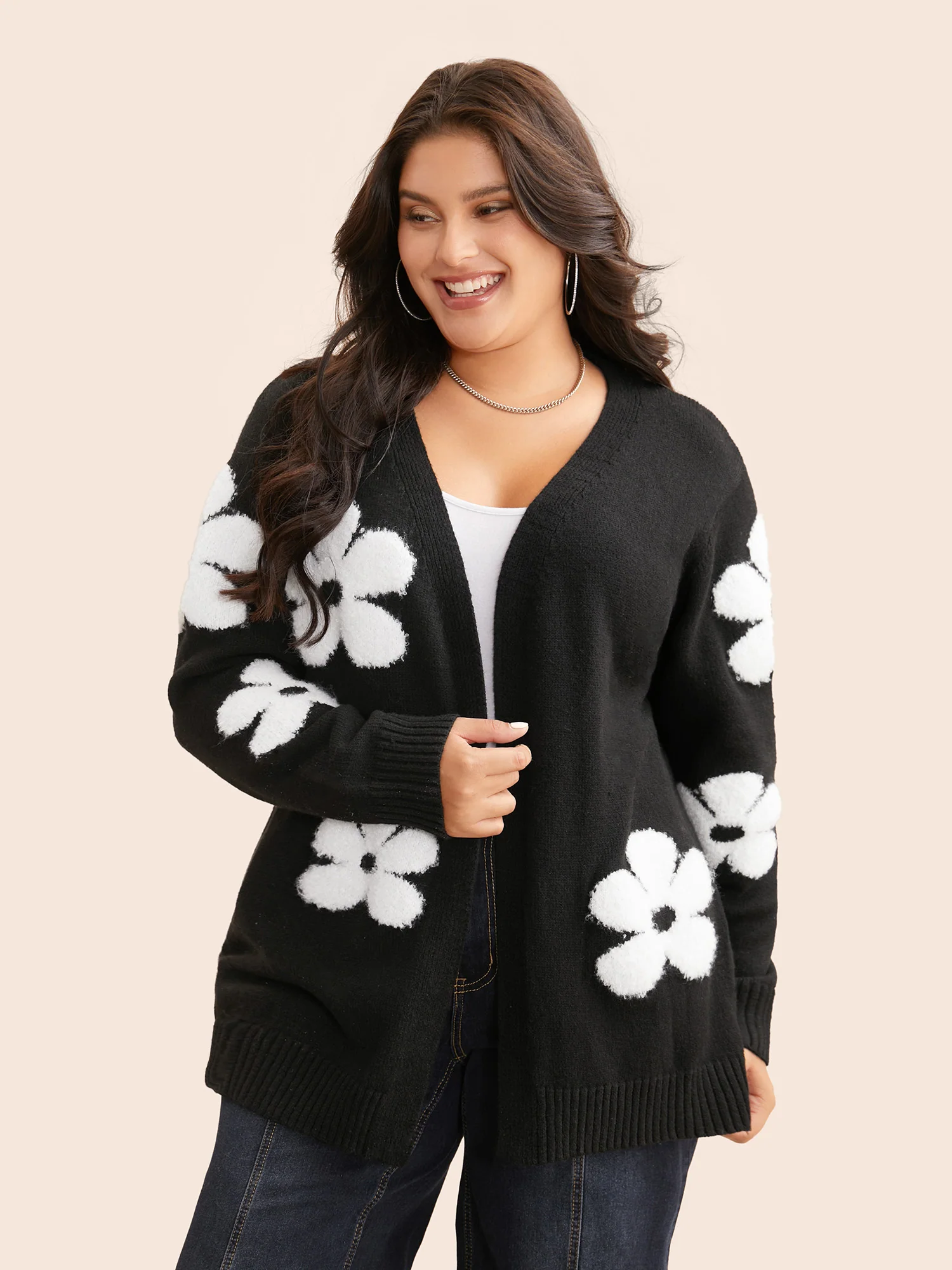 Floral Jacquard Drop Shoulder Sleeve Cardigan - Image 3