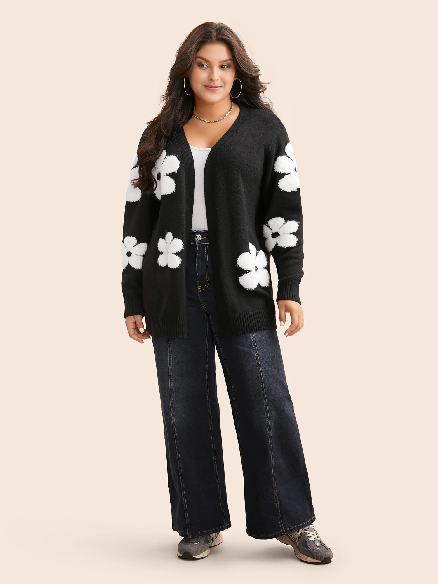 Floral Jacquard Drop Shoulder Sleeve Cardigan - Image 4