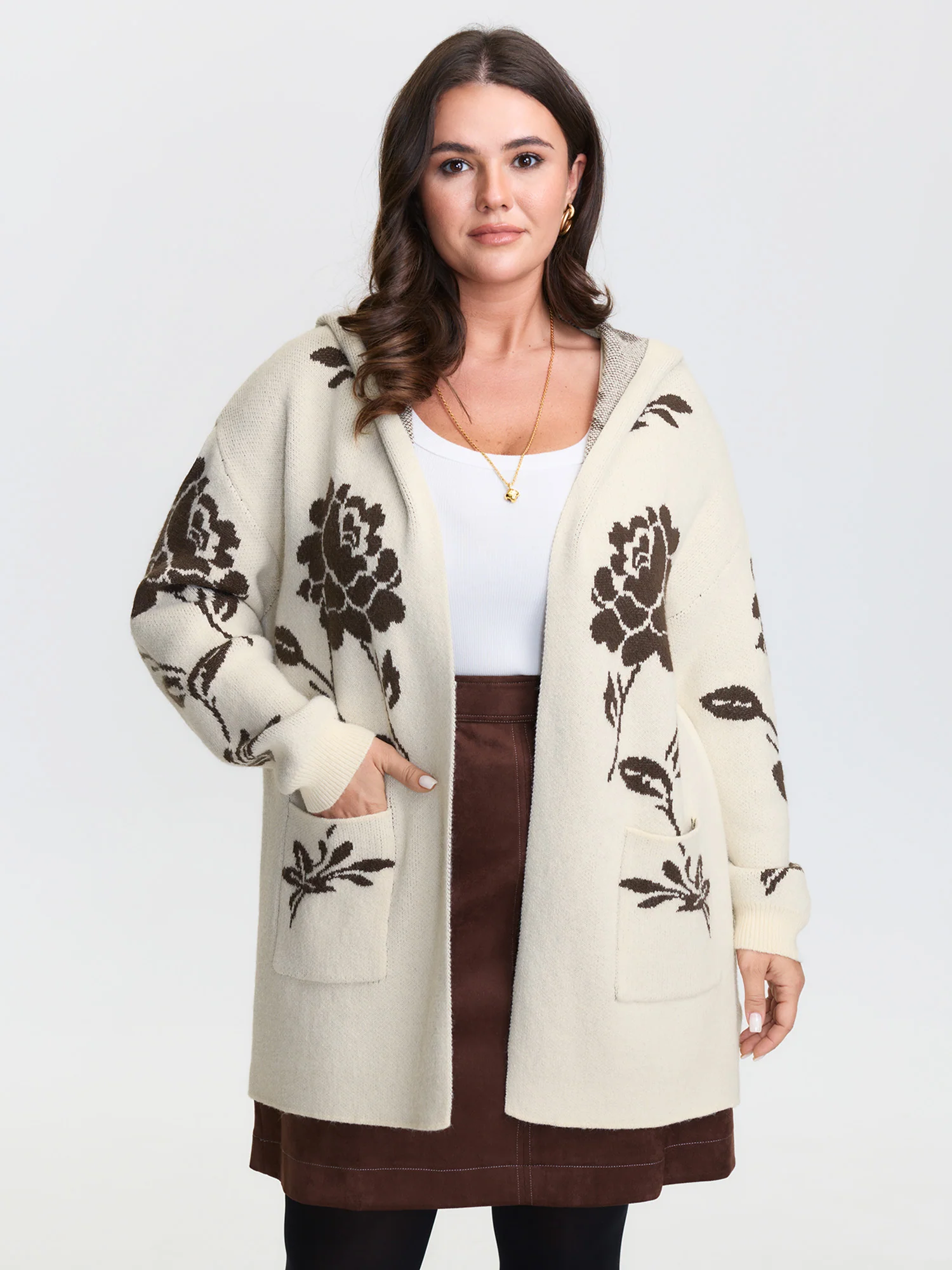 Floral Jacquard Hooded Contrast Knit Cardigan - Image 2