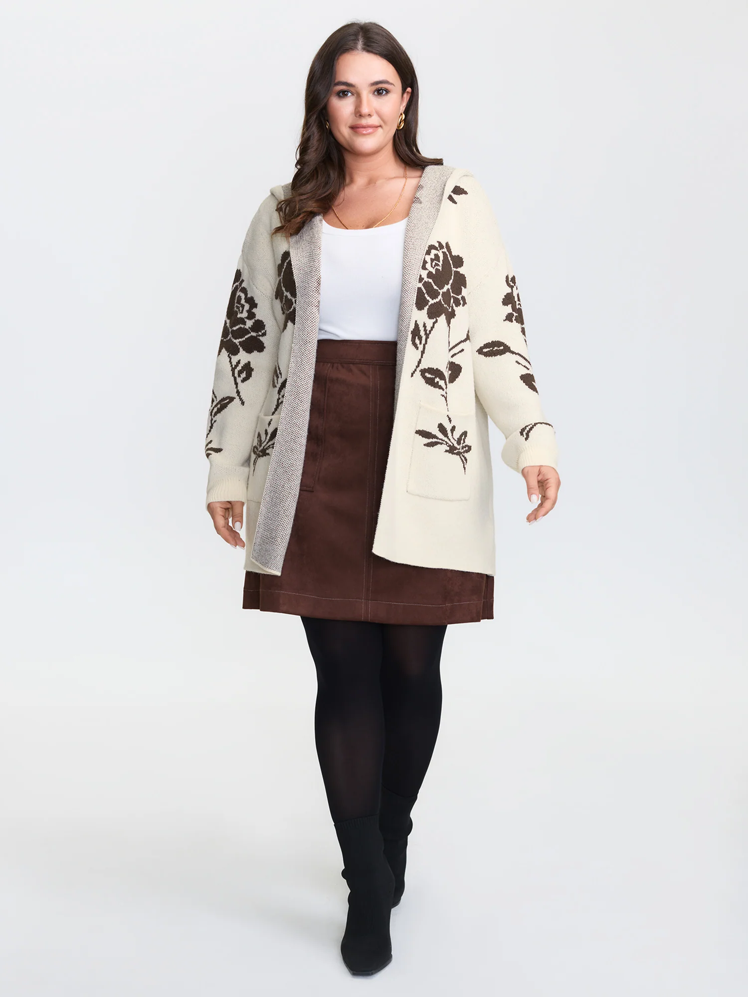 Floral Jacquard Hooded Contrast Knit Cardigan - Image 3