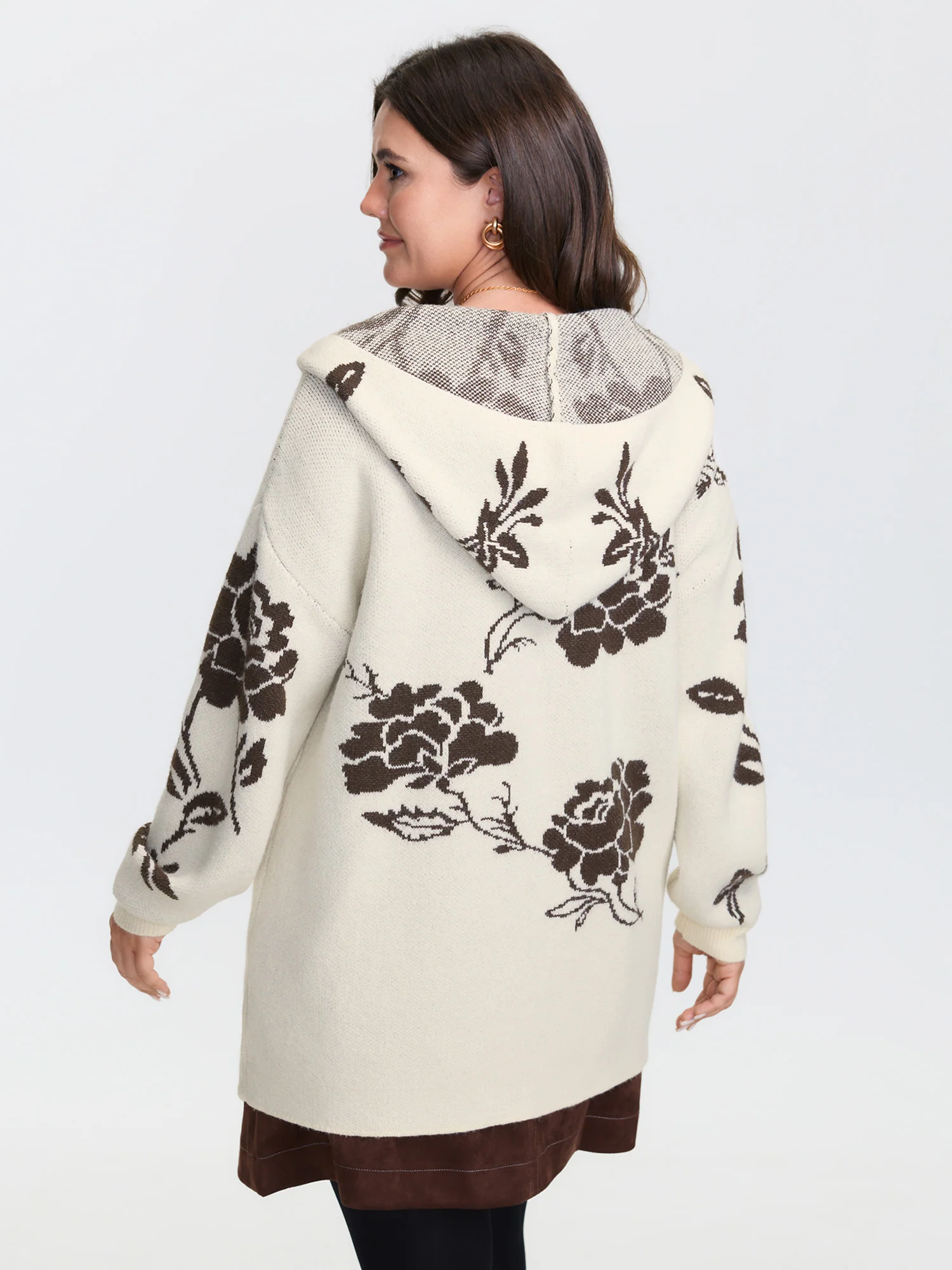 Floral Jacquard Hooded Contrast Knit Cardigan - Image 4