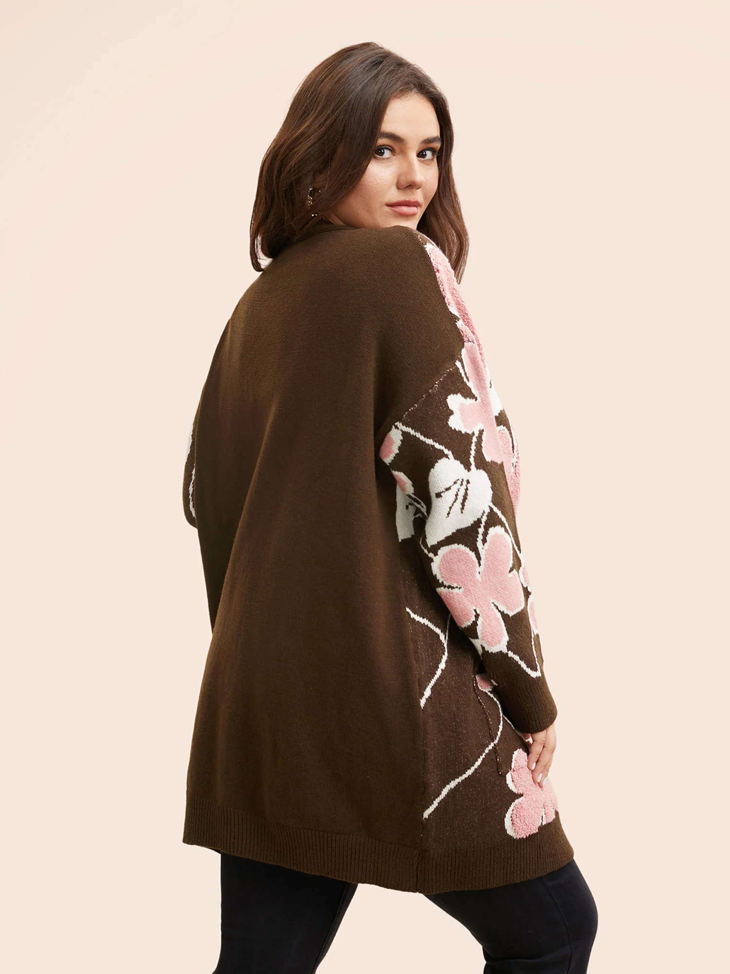 Floral Jacquard Open Front Pocket Cardigan - Image 2