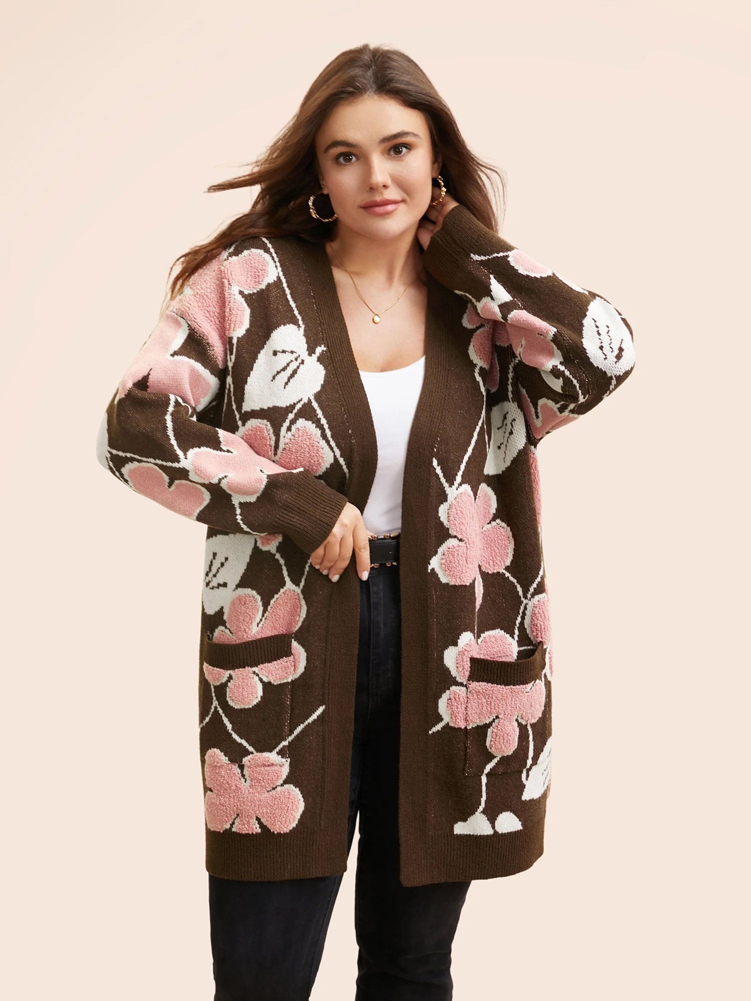 Floral Jacquard Open Front Pocket Cardigan - Image 3