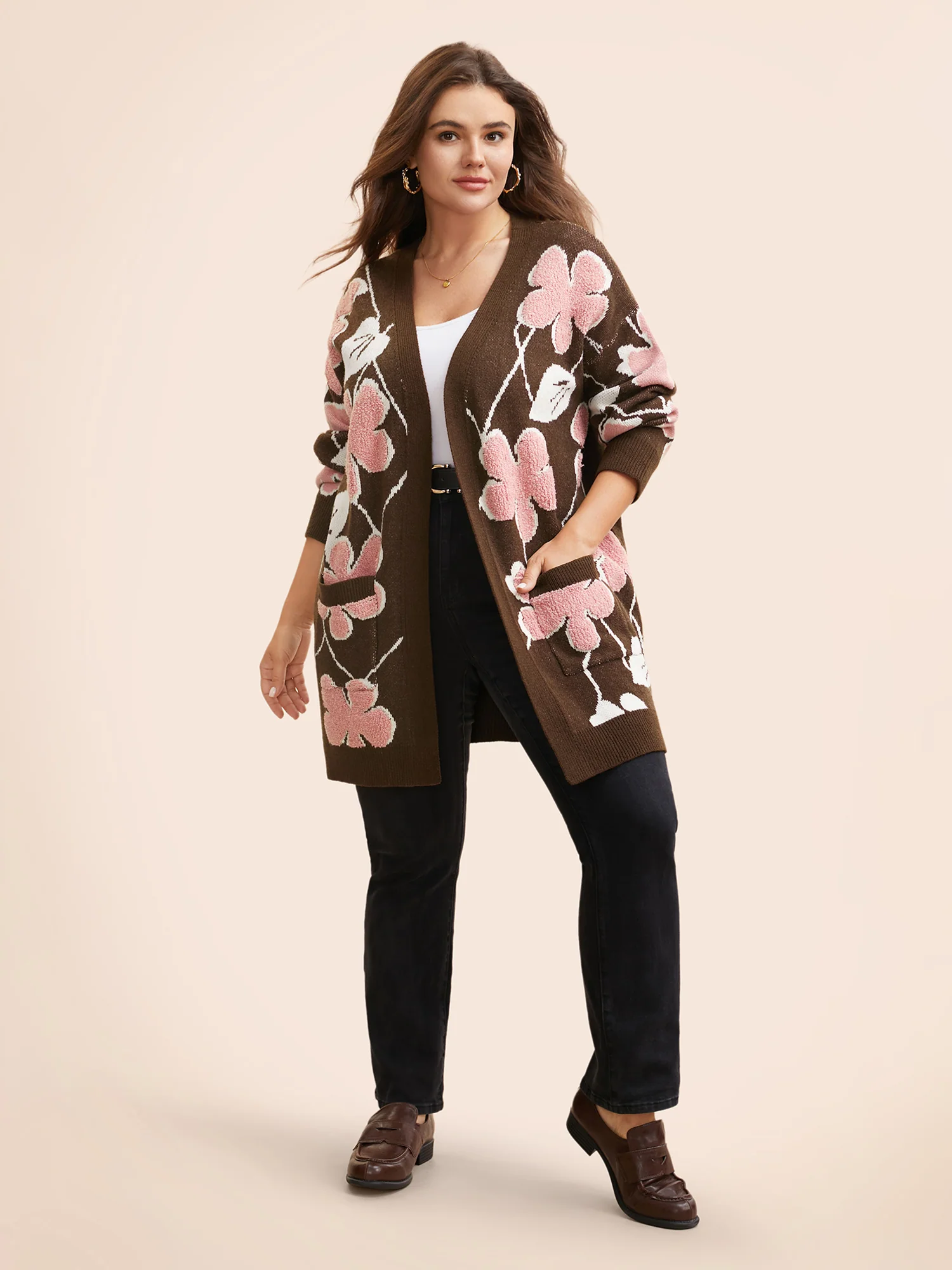 Floral Jacquard Open Front Pocket Cardigan - Image 4