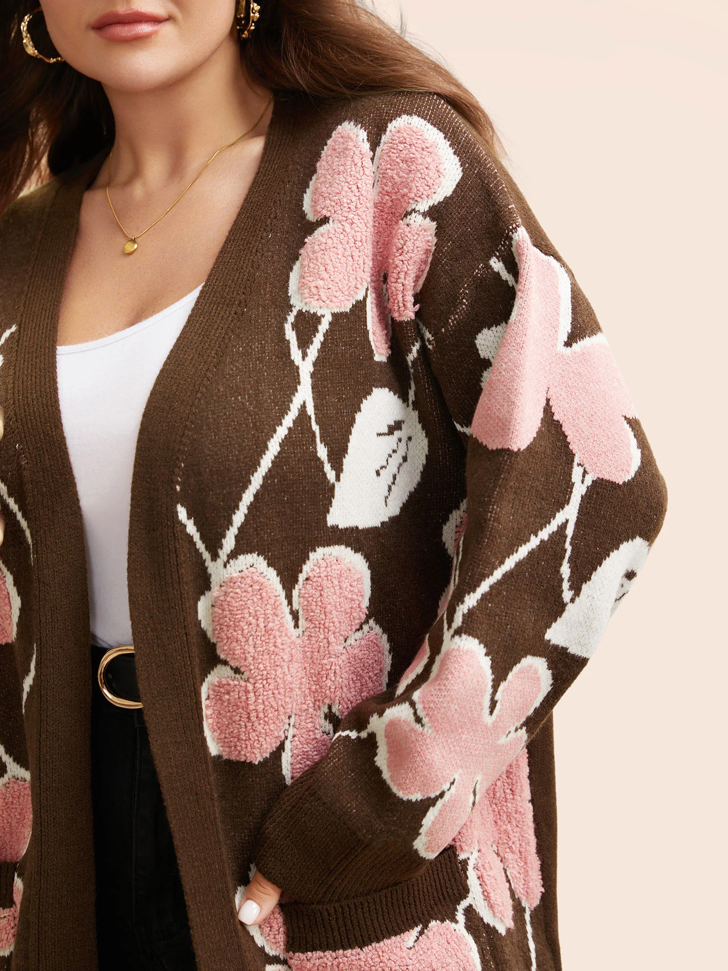Floral Jacquard Open Front Pocket Cardigan - Image 5