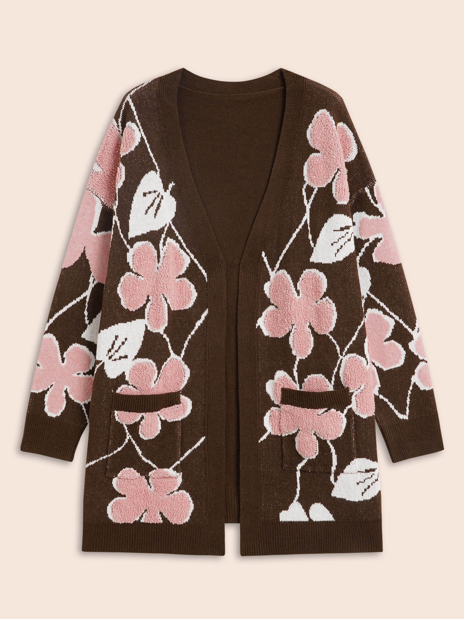 Floral Jacquard Open Front Pocket Cardigan - Image 8