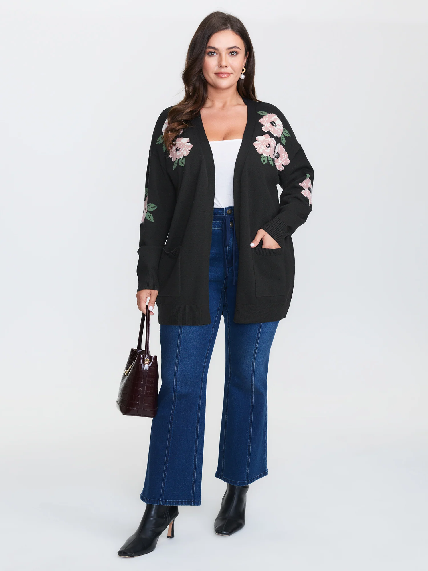 Floral Jacquard Pattern Pockets Knit Cardigan - Image 2