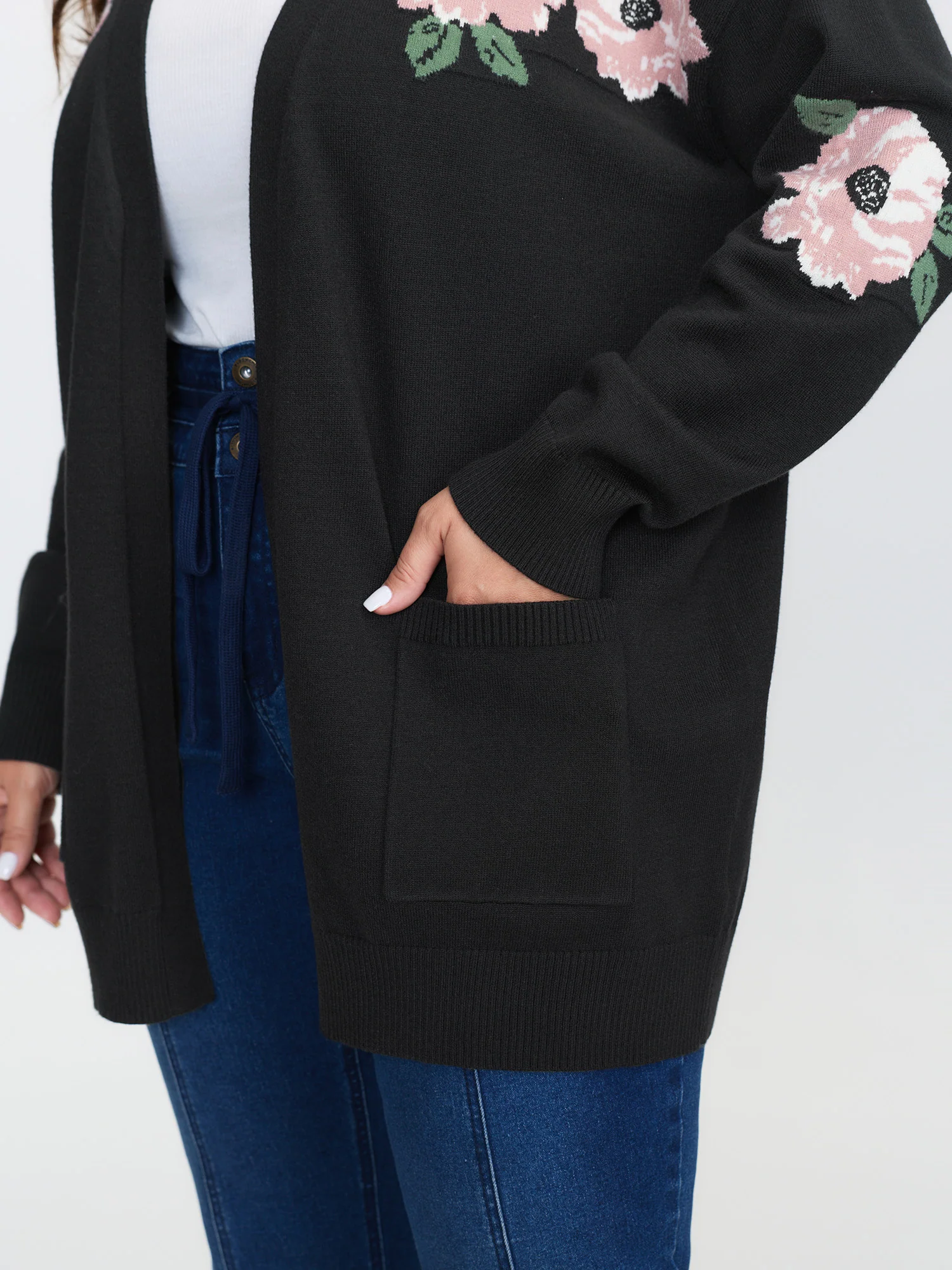 Floral Jacquard Pattern Pockets Knit Cardigan - Image 3