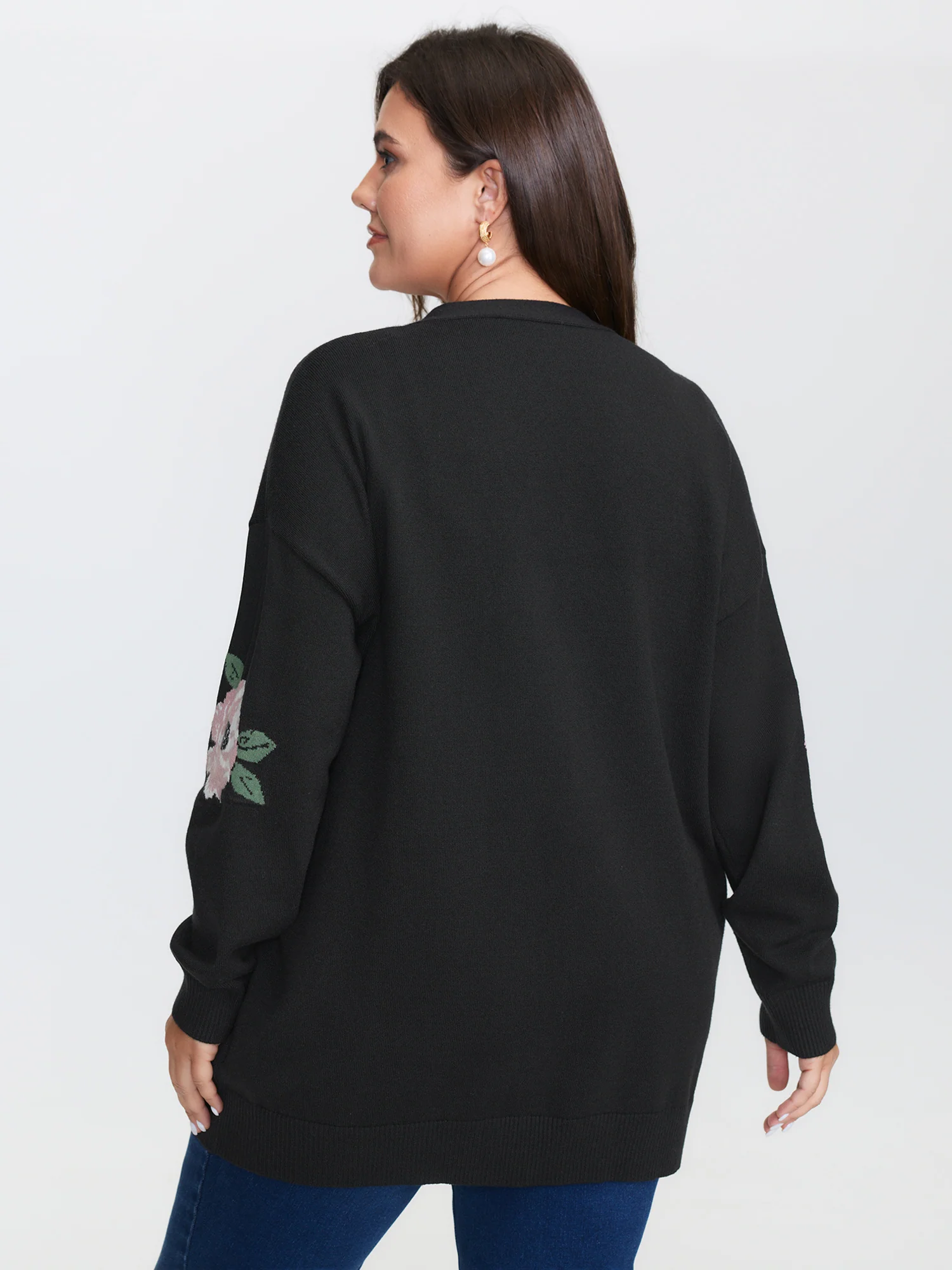 Floral Jacquard Pattern Pockets Knit Cardigan - Image 4