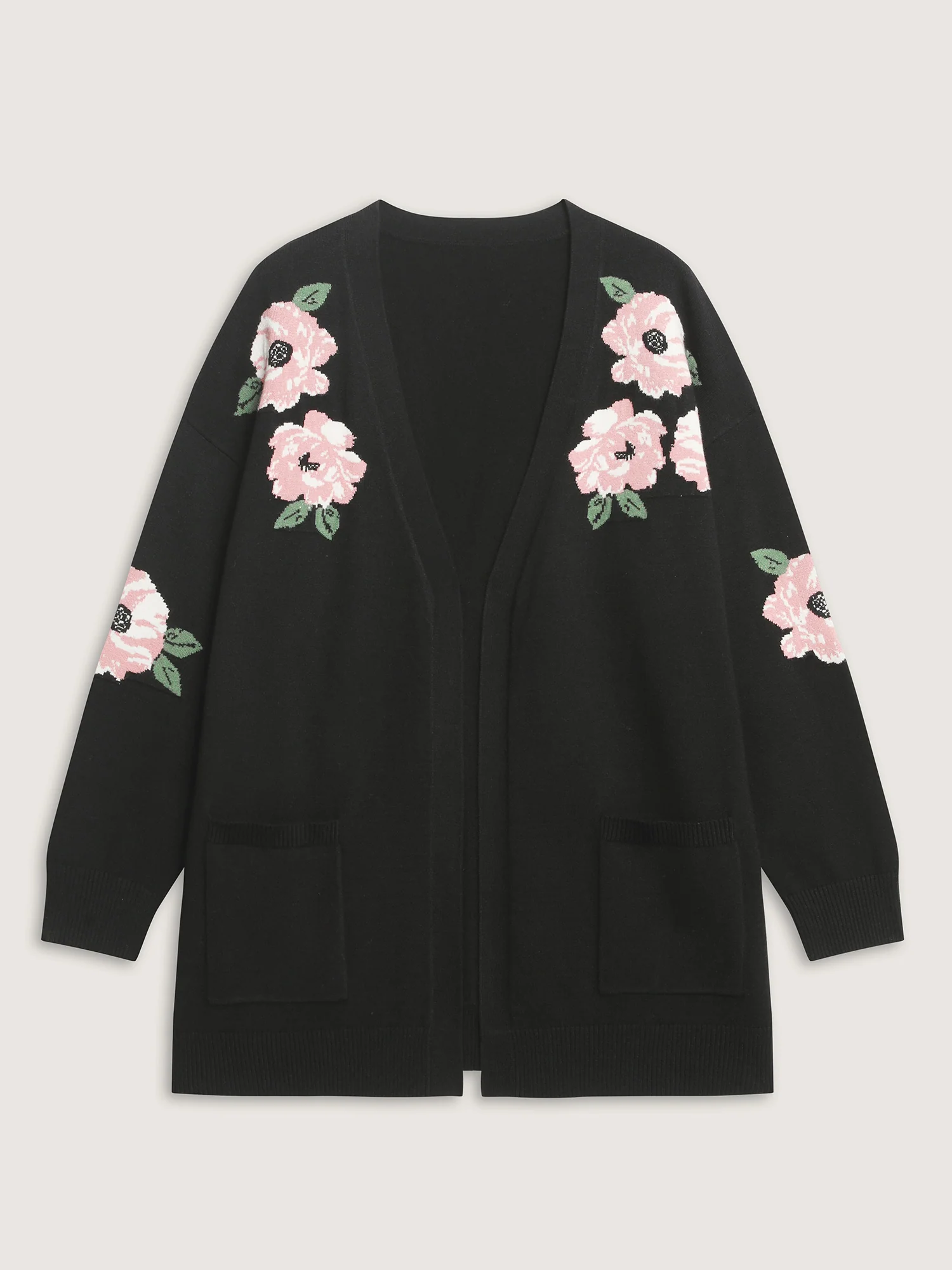 Floral Jacquard Pattern Pockets Knit Cardigan - Image 7